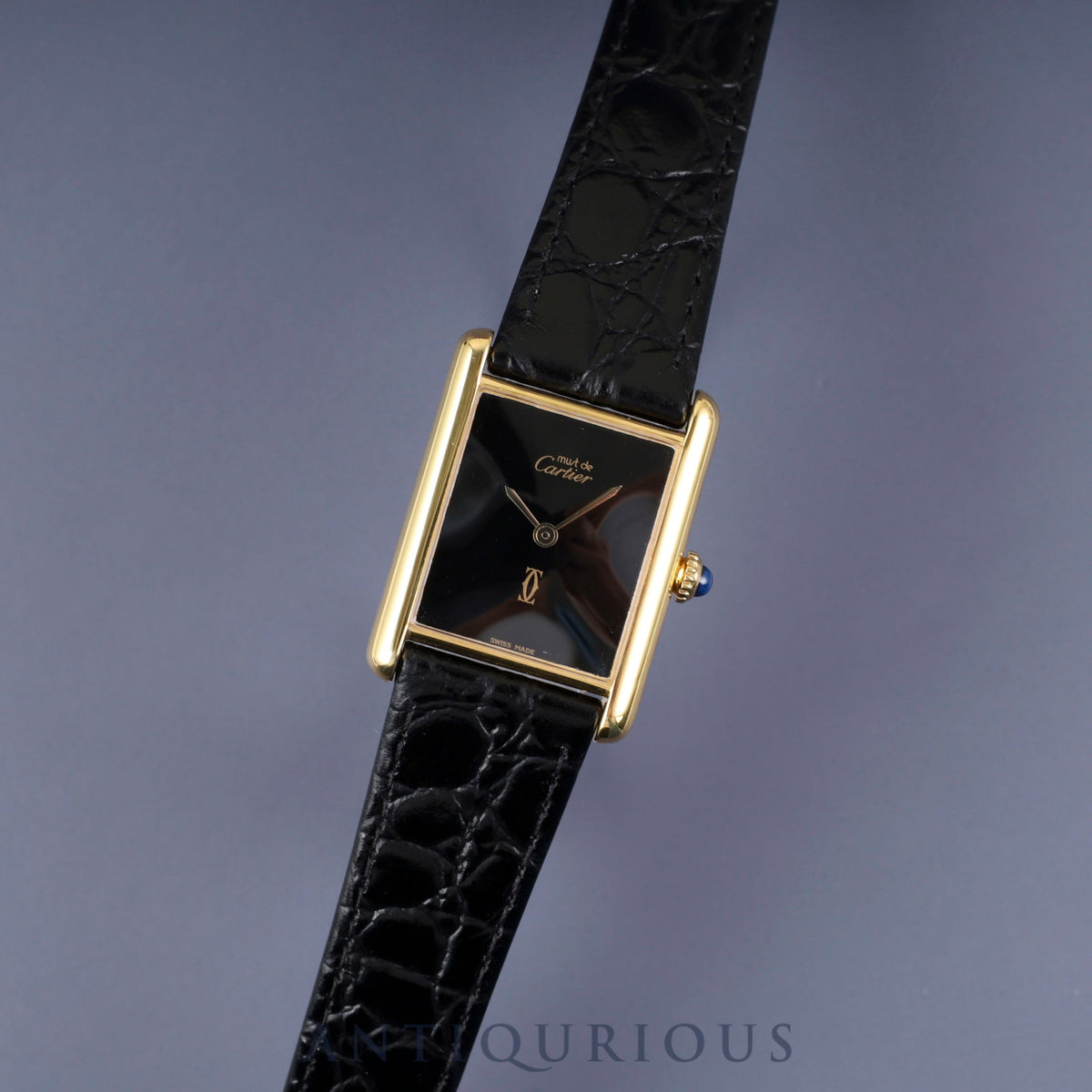 Cartier Must Tank LM Manual Winding Cal. 78-1 SV925 Leather Strap with Genuine GP Buckle, Onyx Dial, Overhauled and Finished to Look Like New