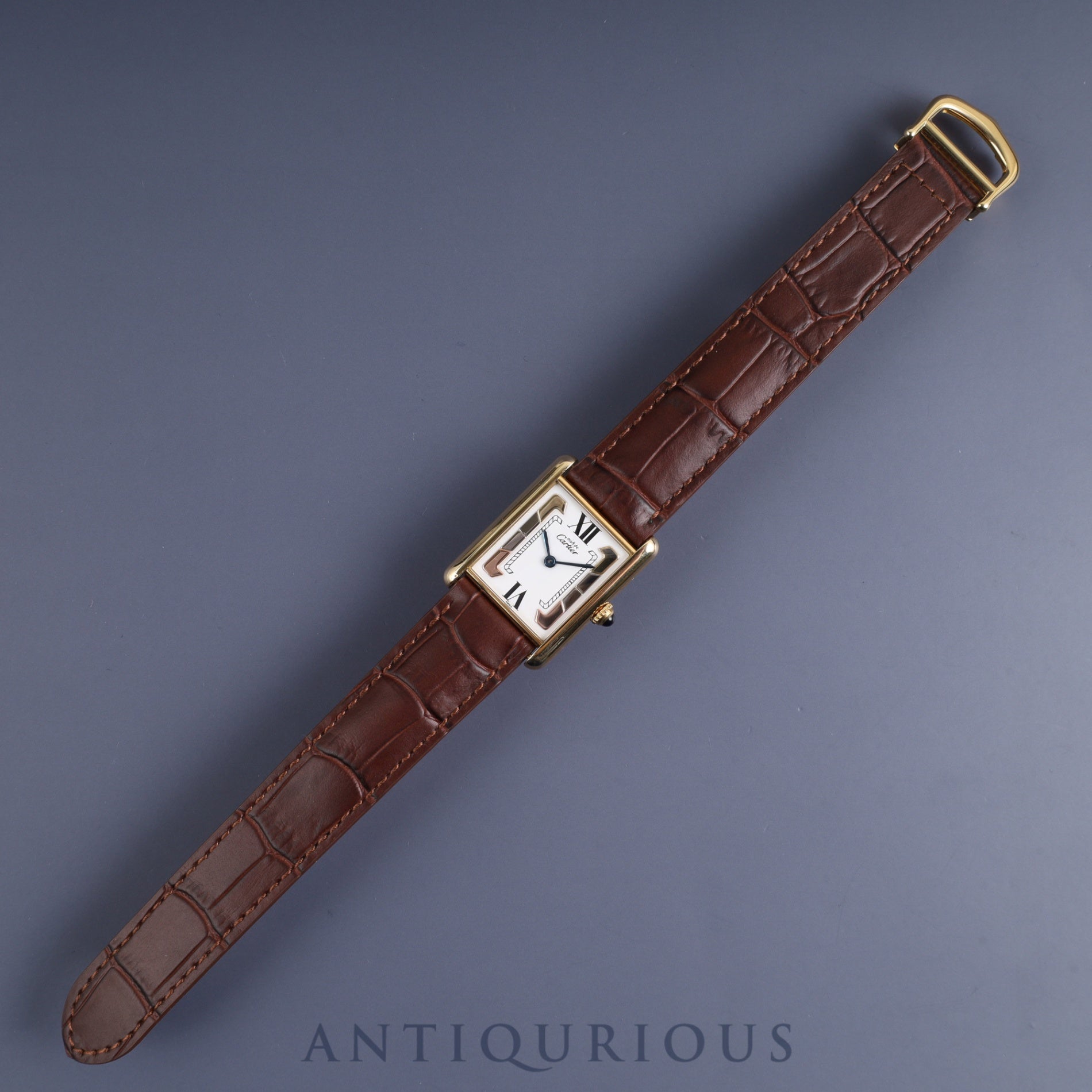 CARTIER MUST TANK LM 1615 Quartz Cal.90 SV925 Leather Genuine D-buckle (GP) Trinity dial Overhauled