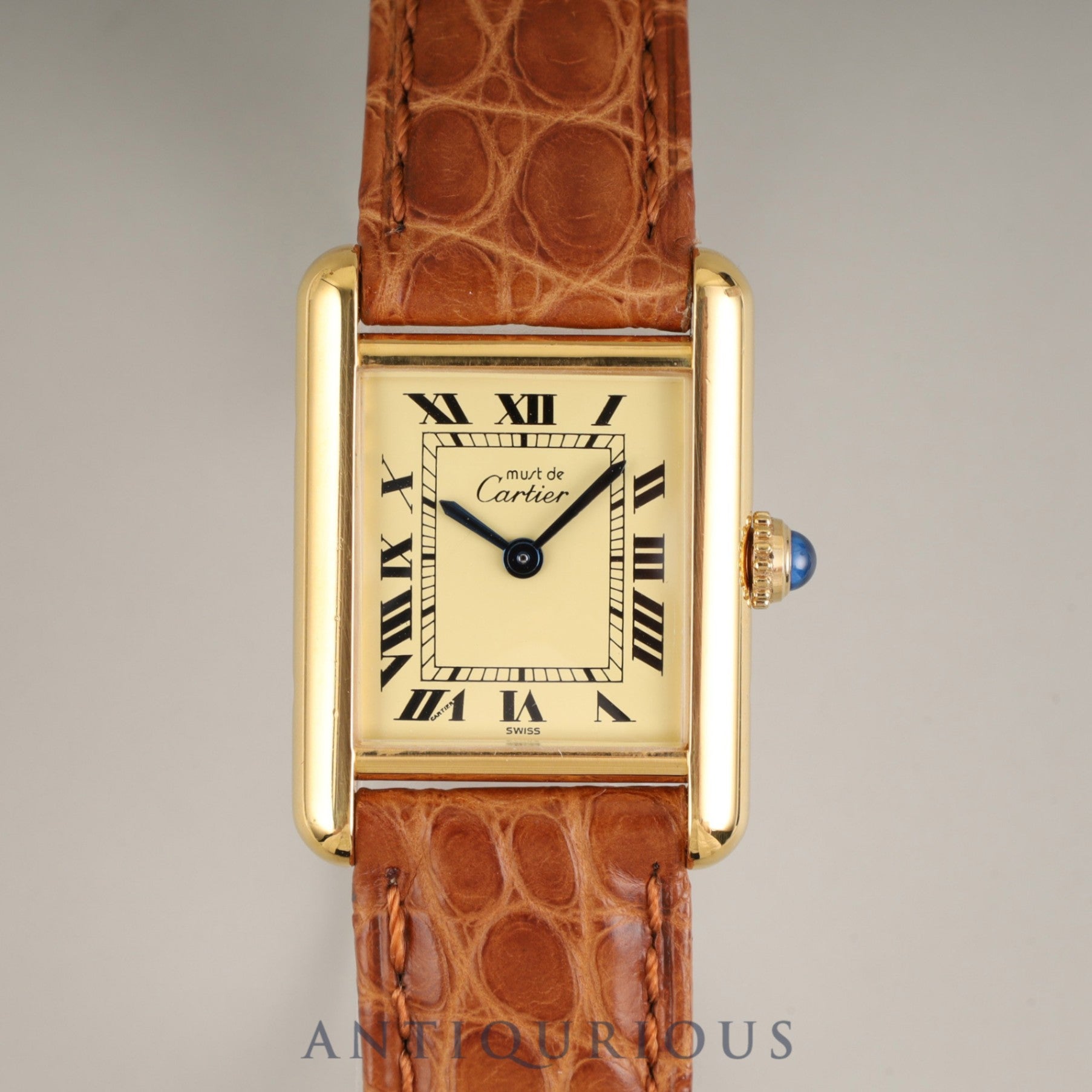 Cartier Must Tank SM 5057001 Quartz Caliber 057 SV925 Leather Strap with Genuine GP Buckle Ivory Roman Dial Overhauled and Finished to Look Like New