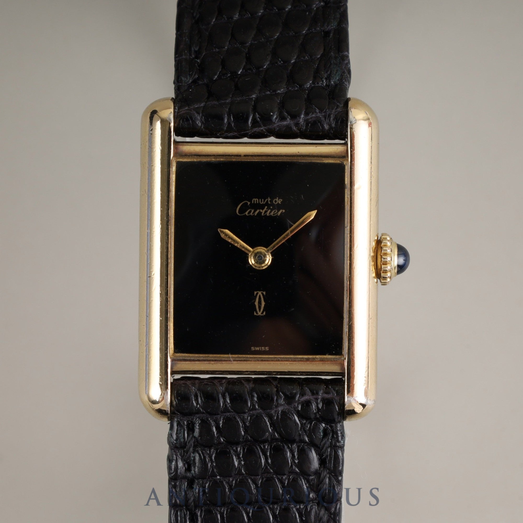 Cartier Must Tank SM Manual Winding Caliber - SV925 Leather Strap with Genuine GP Buckle, Onyx Dial (SWISS Marking), Circa 1976-1981, Overhauled