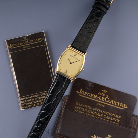 Jaeger-LeCoultre Vintage Tonneau 140.067.1 Quartz Cal.-750 Leather Strap with Genuine GP Buckle Gold Dial Warranty Booklet Overhauled