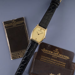 Jaeger-LeCoultre Vintage Tonneau 140.067.1 Quartz Cal.-750 Leather Strap with Genuine GP Buckle Gold Dial Warranty Booklet Overhauled