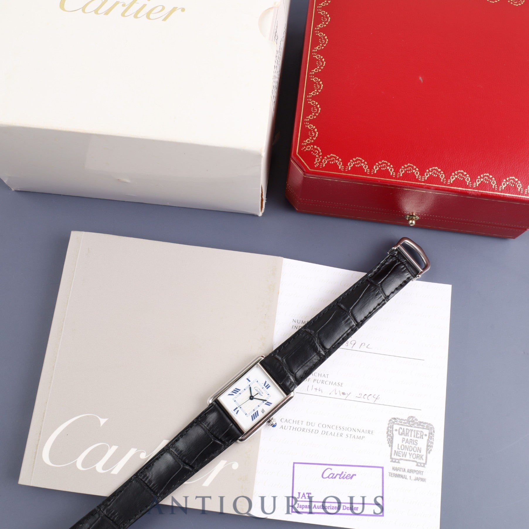 カルティエ マストタンク GM(XL)W1014154 / 2414 クォーツ Cal.687 925 革 純正Dバックル 飛びローマン文字盤 箱 保証書(2004年) オーバーホール済み カルティエブティックネジ取り付け