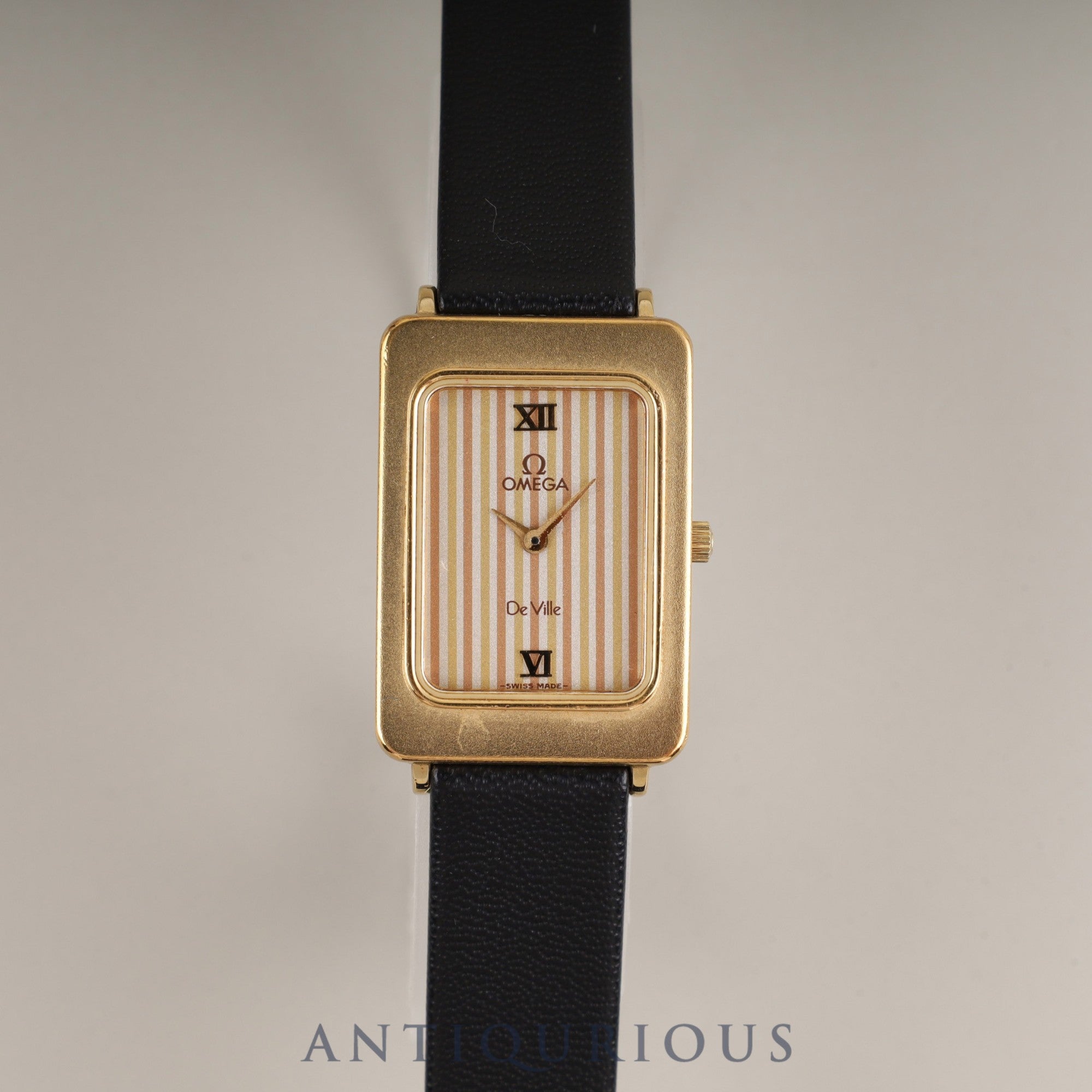Omega De Ville 595.0084 Quartz Cal.976.001 GP Leather Third-party buckle Gold stripe dial Box Warranty Overhauled
