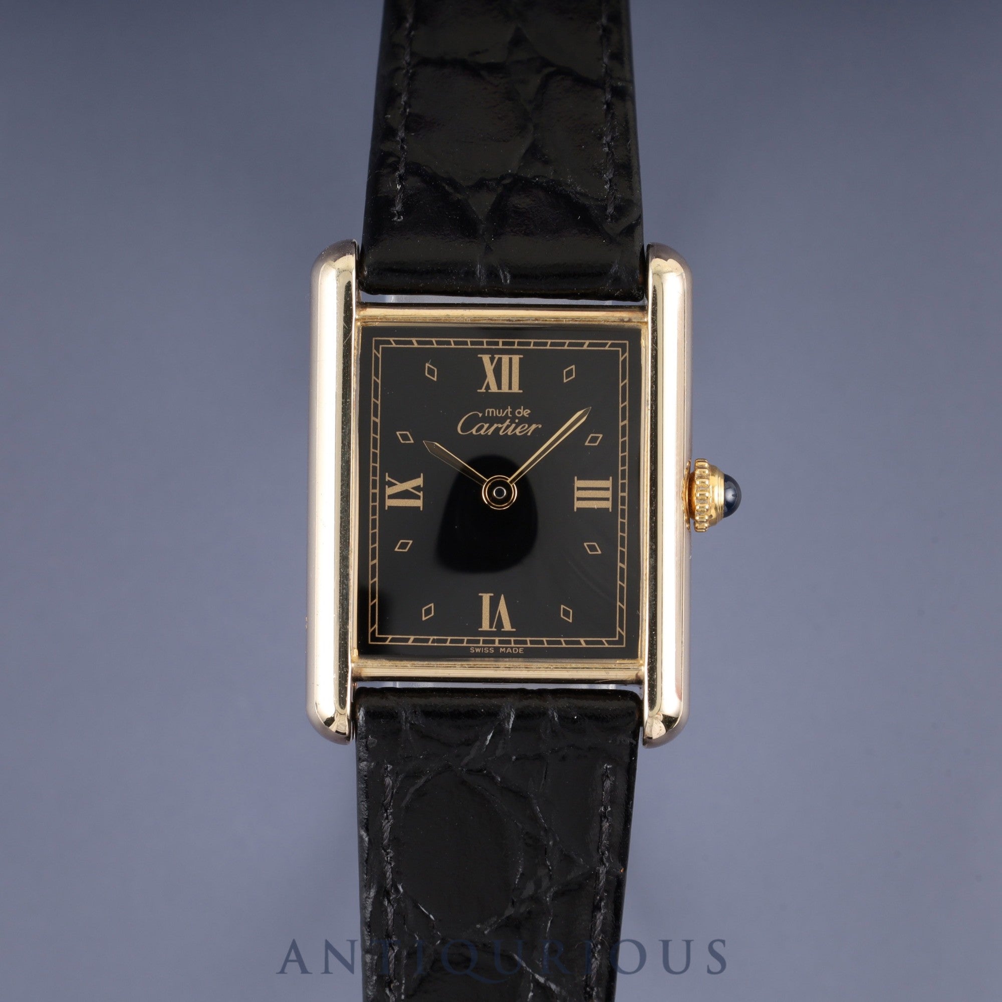 カルティエ マストタンク LM 590005 クォーツ Cal.- SV925 革 純正尾錠(GP)ブラック飛びローマン文字盤 1982年頃~1995年頃 カルティエブティックにてコンプリートサービス済み