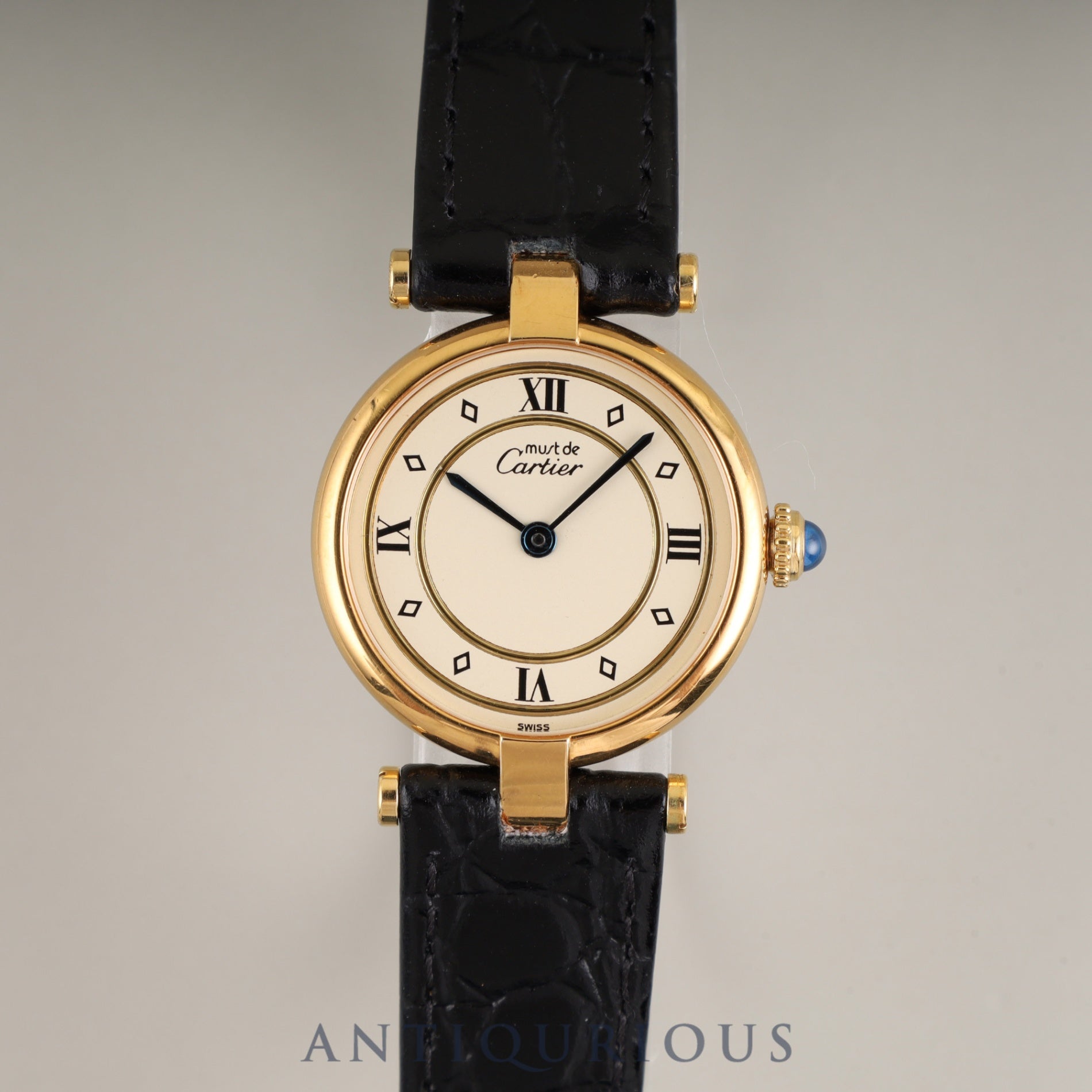 Cartier Must Vendôme VLC SM 590004 Quartz Caliber 90 SV925 Leather Strap with Genuine GP Buckle, Ivory 4-Point Roman Dial, Overhauled