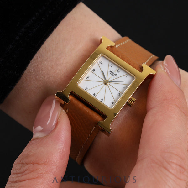 エルメス Hウォッチ HH1.201 クォーツ  GP 革 純正尾錠(SS)ホワイト文字盤 箱 保証書(2006年)純正革ベルト オーバーホール済み