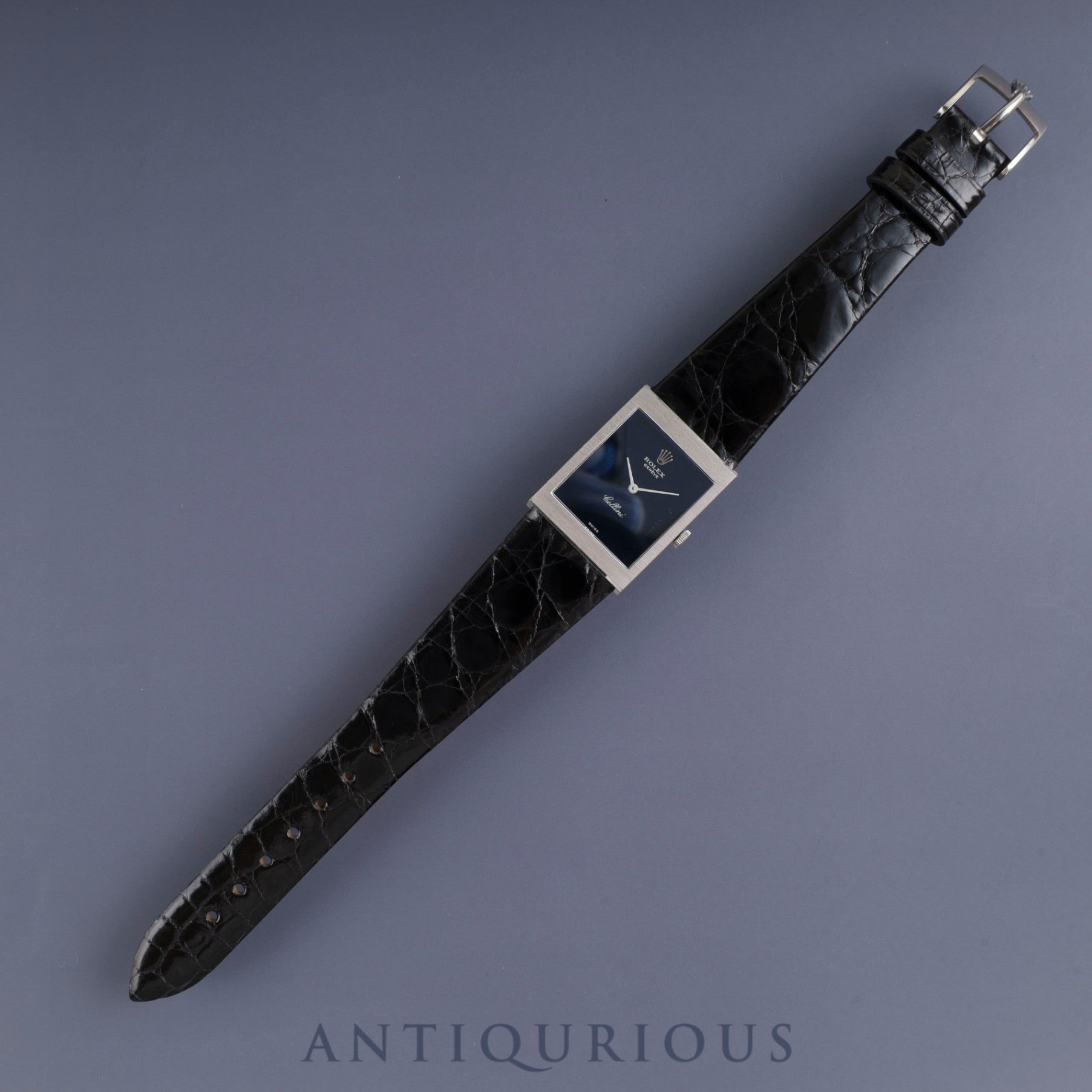 Rolex Cellini 4014 manual winding Cal. 1601 750 leather watch with genuine stainless steel buckle, blue dial, 22 x 29mm, 34th series (1971), genuine leather strap (shows signs of use), overhauled.