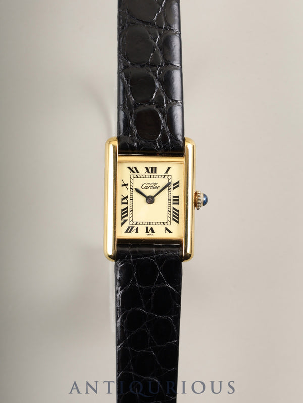 Cartier Must Tank SM Manual Winding Caliber 90 SV925 Leather Strap with Genuine GP Buckle Ivory Roman Dial Overhauled
