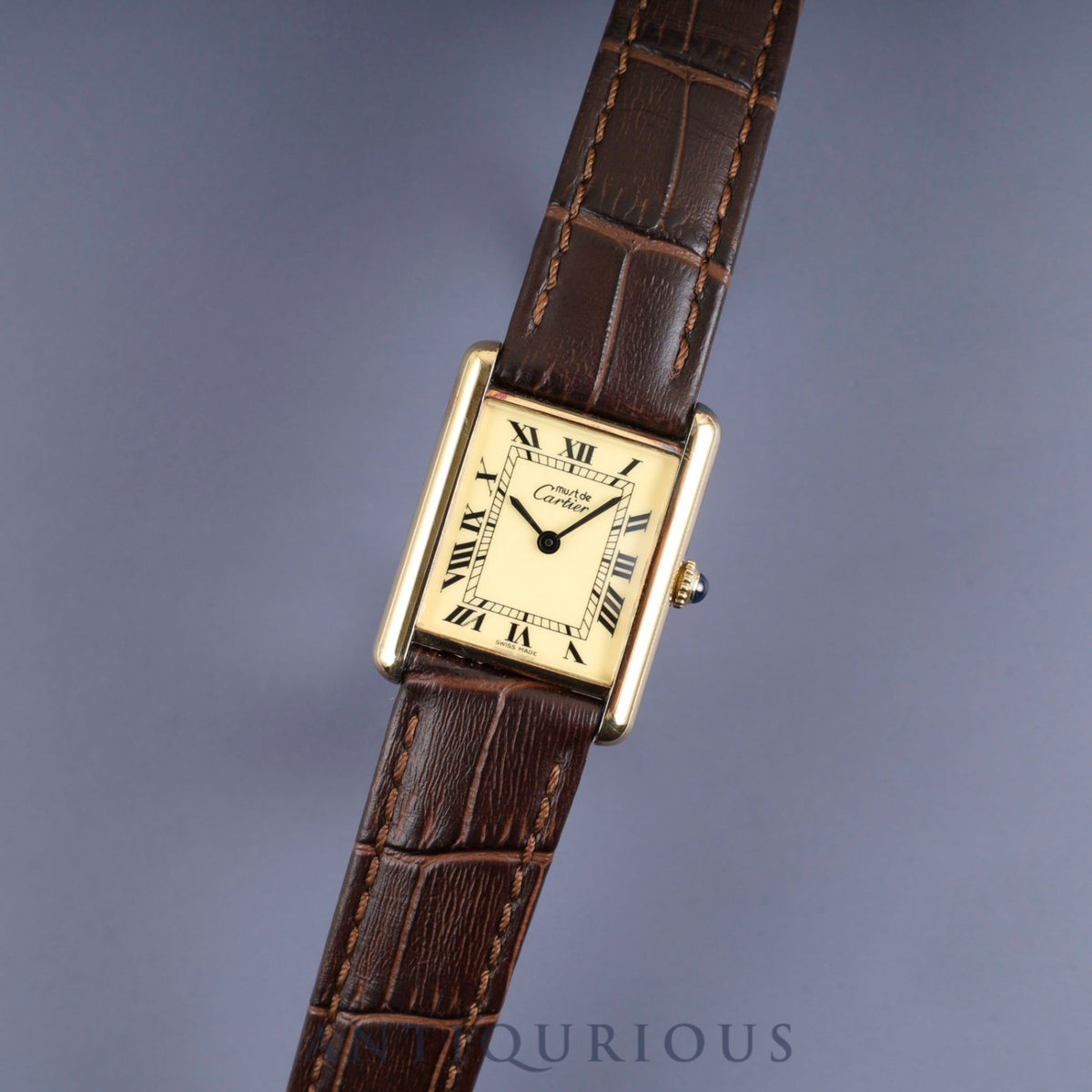 Cartier Must Tank LM, manual winding, SV925, leather, genuine buckle (GP), ivory Roman dial, circa 1976-1981, fully serviced at a Cartier boutique.