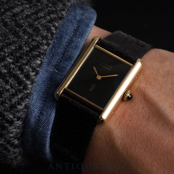 Cartier Must Tank LM Manual winding Cal.78-1 SV925 Leather Genuine buckle (GP) Onyx dial Overhauled