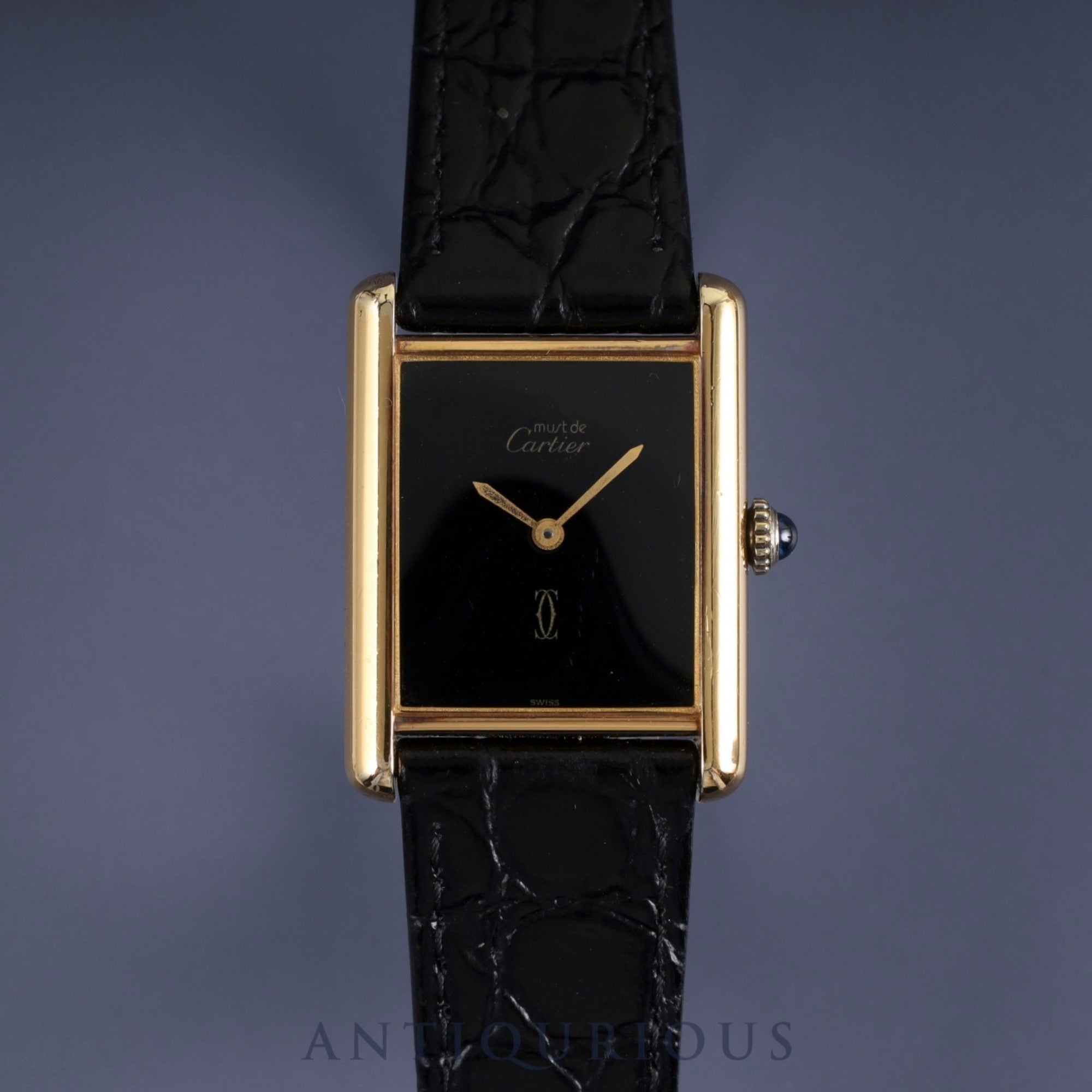 カルティエ マストタンク LM 手巻き Cal.78-1 SV925 革 純正尾錠(GP) ブラックオニキス文字盤 オーバーホール済み
