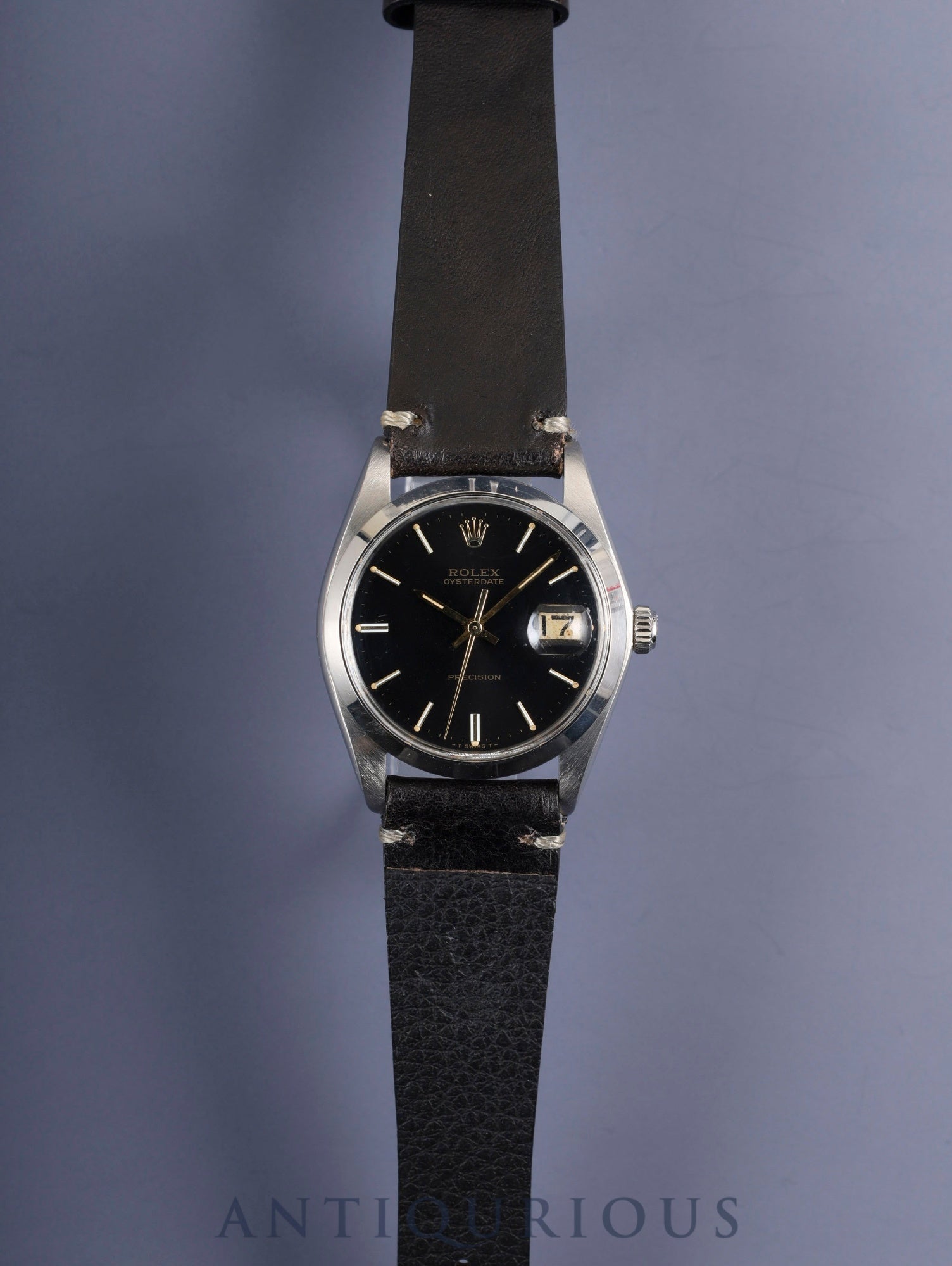 ロレックス オイスターデイトプレシジョン 6694 手巻き Cal.1225 SS 革 社外尾錠(SS) ブラック文字盤 51番(1977年)オーバーホール済み