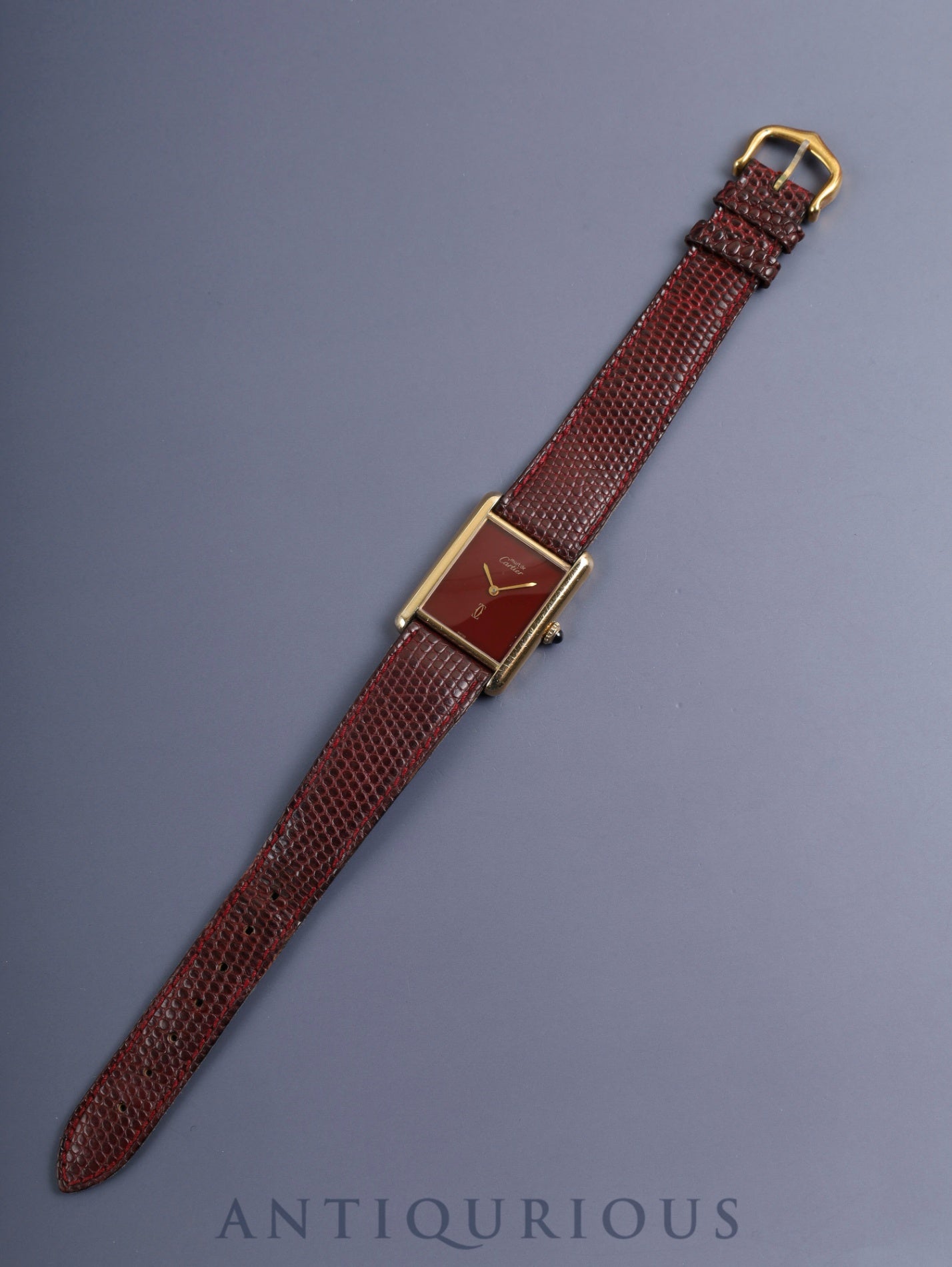 Cartier Must Tank LM, manual winding, Cal. 78-1, SV925, original leather strap, original pin buckle (GP), garnet dial, Bordeaux dial (SWISS marking), recently overhauled.