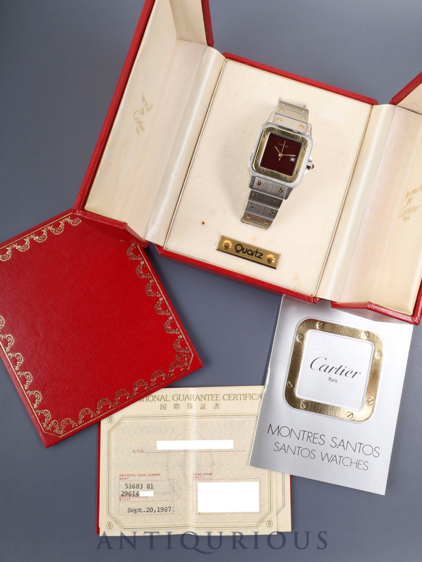 Cartier Santos Carrée LM 45168381 / 2961 Automatic Cal.2671 SS/YG SS/YG Garnet Dial Bordeaux Dial Box, Papers, Booklets (1987 / Named) Overhauled