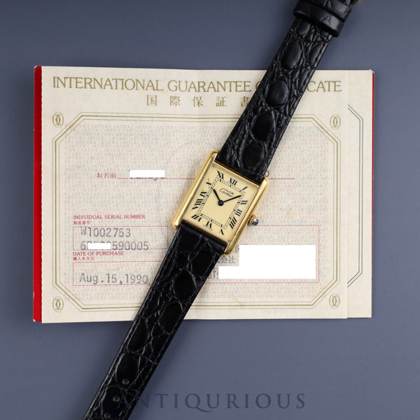 Cartier Must Tank LM W1002753 / 590005 Quartz Cal.- SV925 Leather Genuine Buckle Ivory Roman Dial Warranty 1990 Complete Service Finished