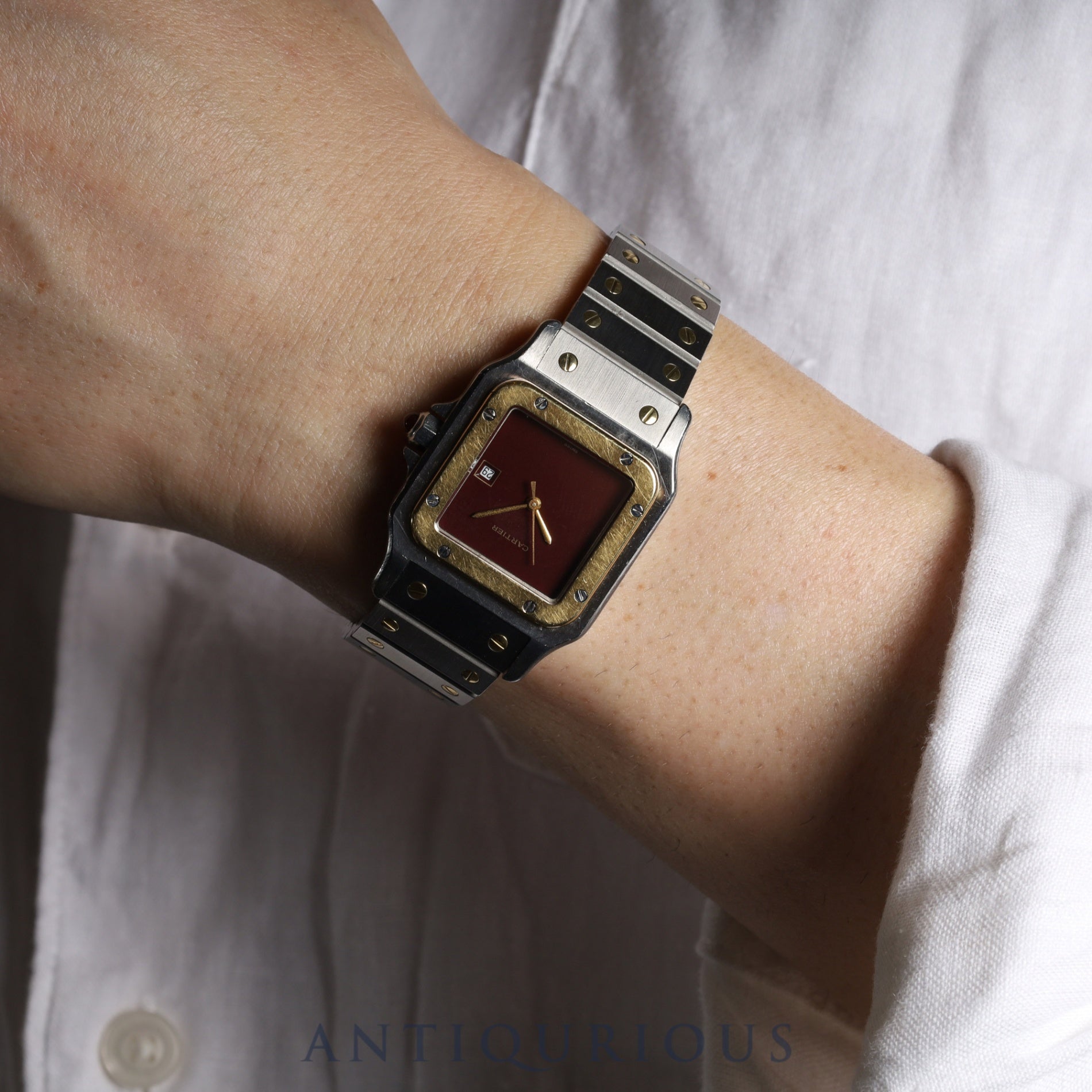 Cartier Santos Galbee LM 2961 Automatic Caliber 2671 Stainless Steel/Yellow Gold with Garnet and Bordeaux Dials, Overhauled