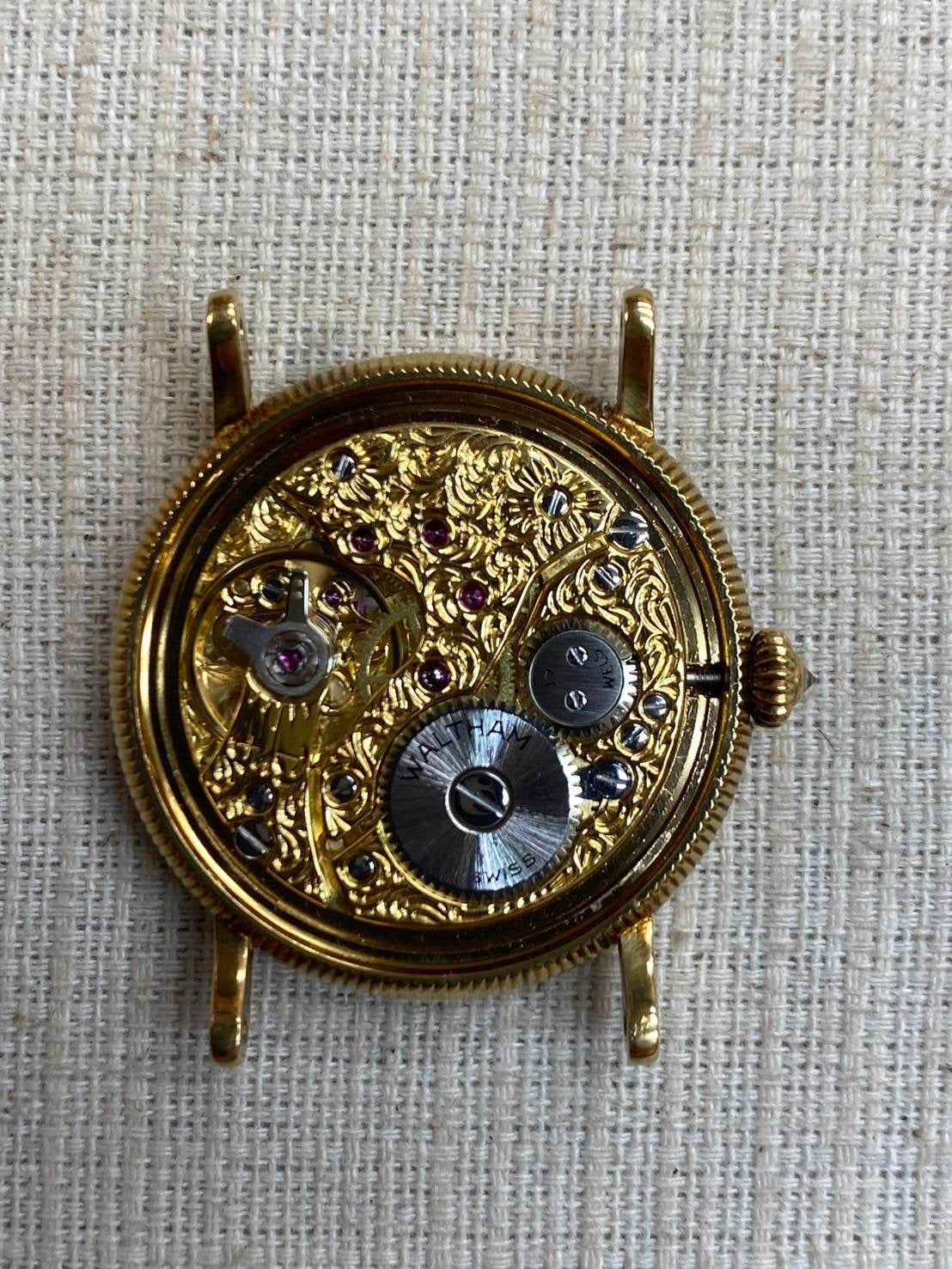 ウォルサム ラウンド 手巻き 750 革 社外尾錠(GP)シルバー文字盤 オーバーホール済み