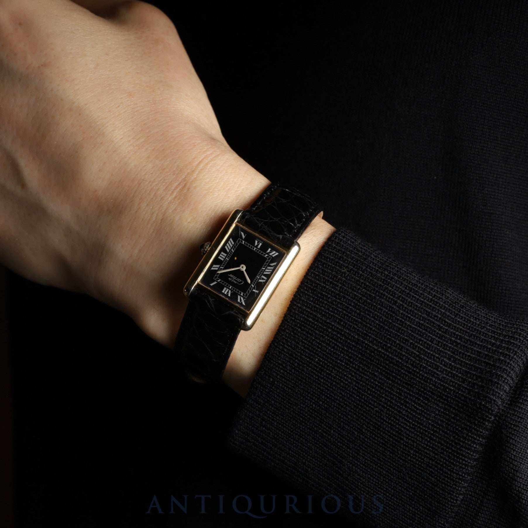 Cartier Must Tank LM Manual Winding SV925 Leather Watch with Genuine GP Buckle, Black Roman Dial, Overhauled