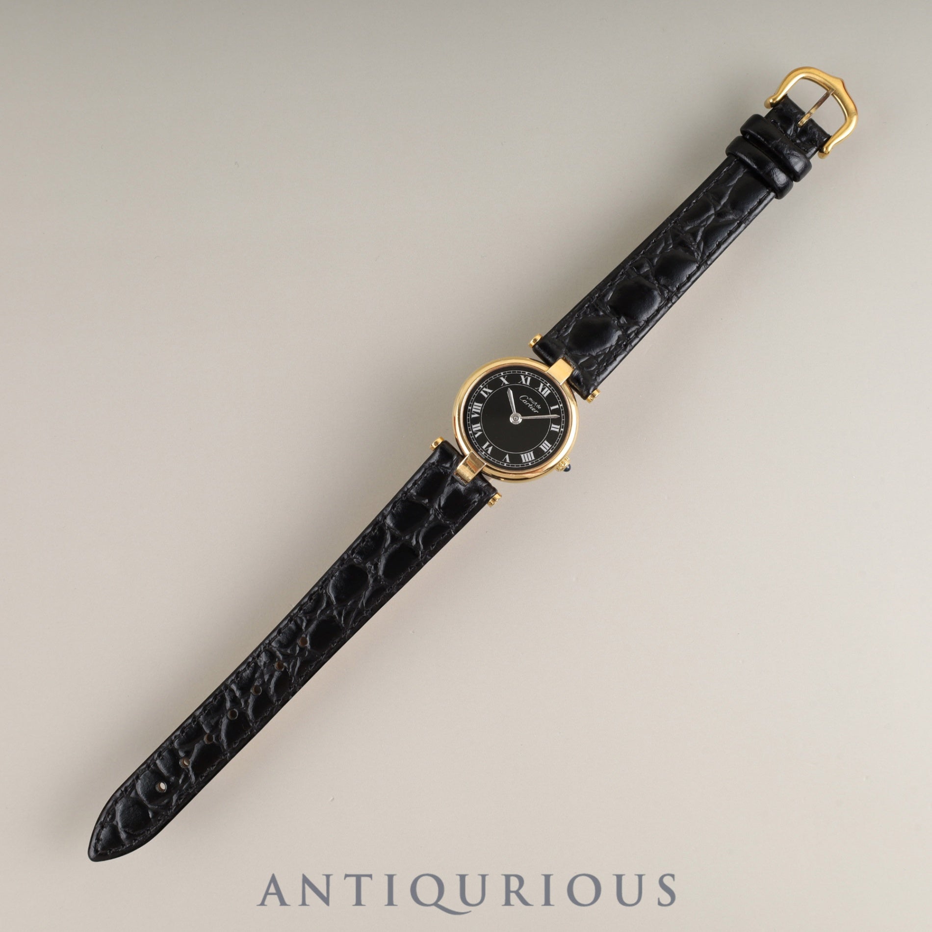 Cartier Must Vendôme VLC SM 18 Quartz Cal.81 SV925 Leather Strap with Genuine GP Buckle, Black Roman Dial, Box, Overhauled