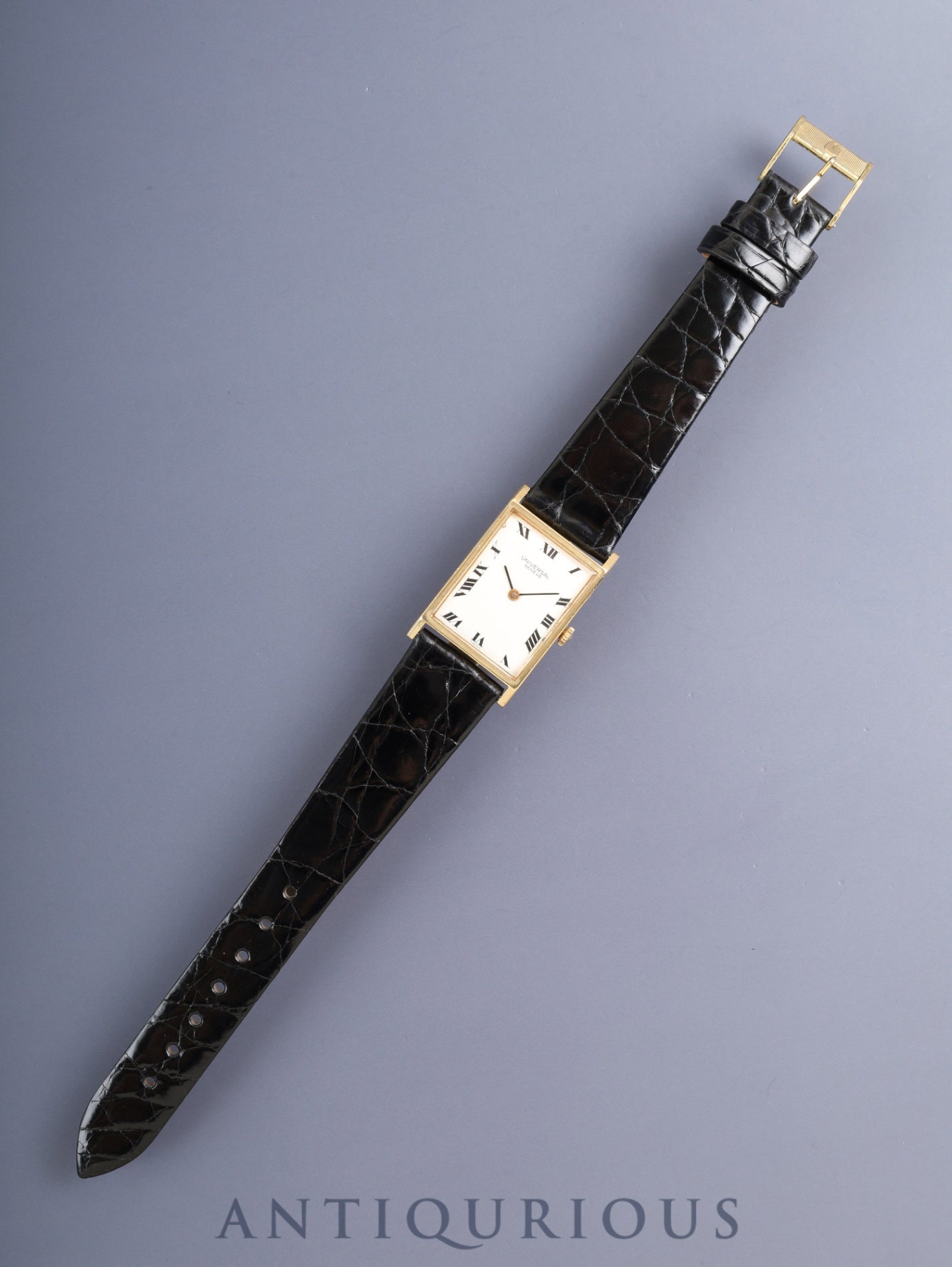 Universal Genève Rectangular Hand-Wound Cal.42 750YG Leather Strap with Genuine GP Buckle, White Roman Dial, Overhauled