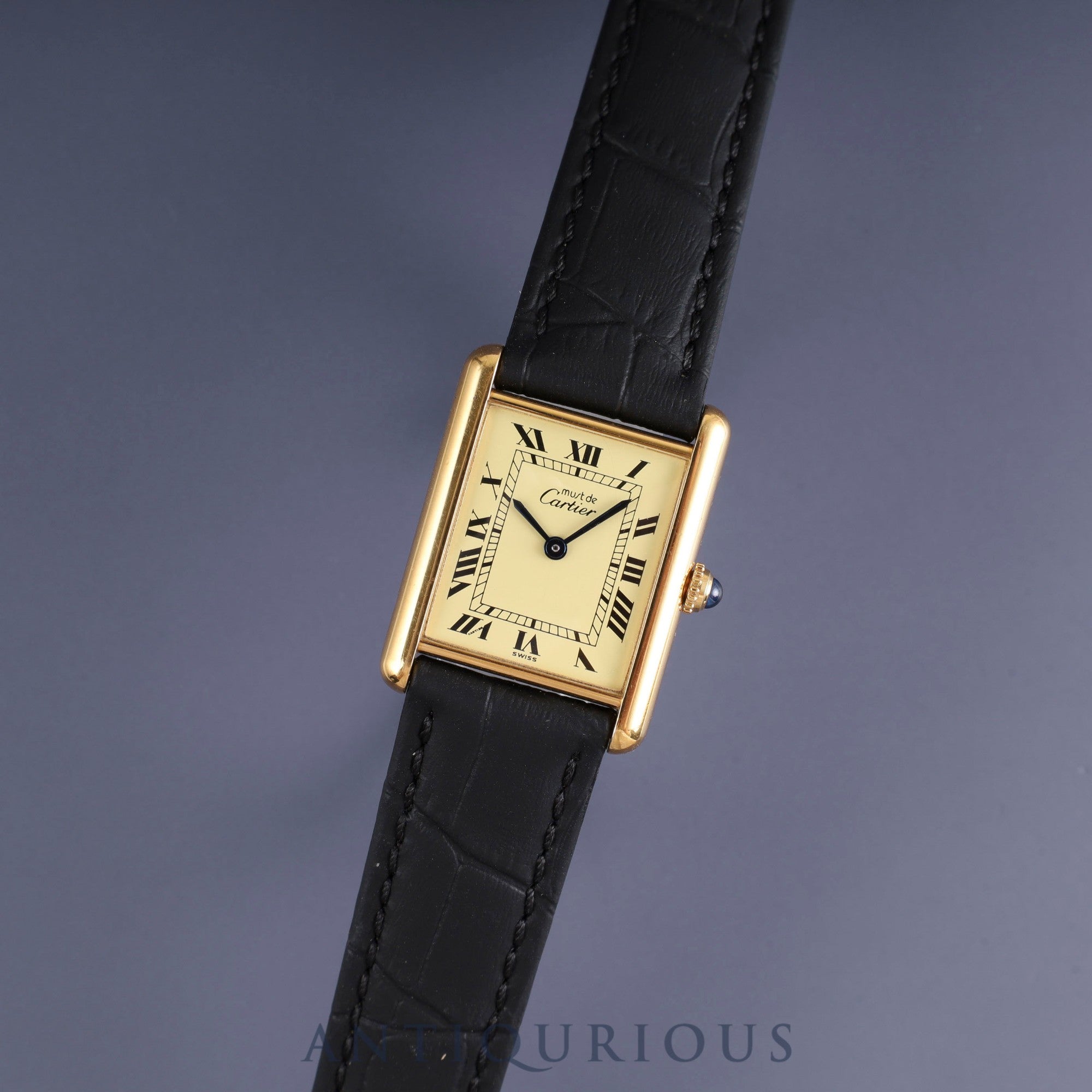 Cartier Must Tank LM 590005 Quartz SV925 Leather Genuine Buckle (GP) Ivory Roman Dial Overhauled