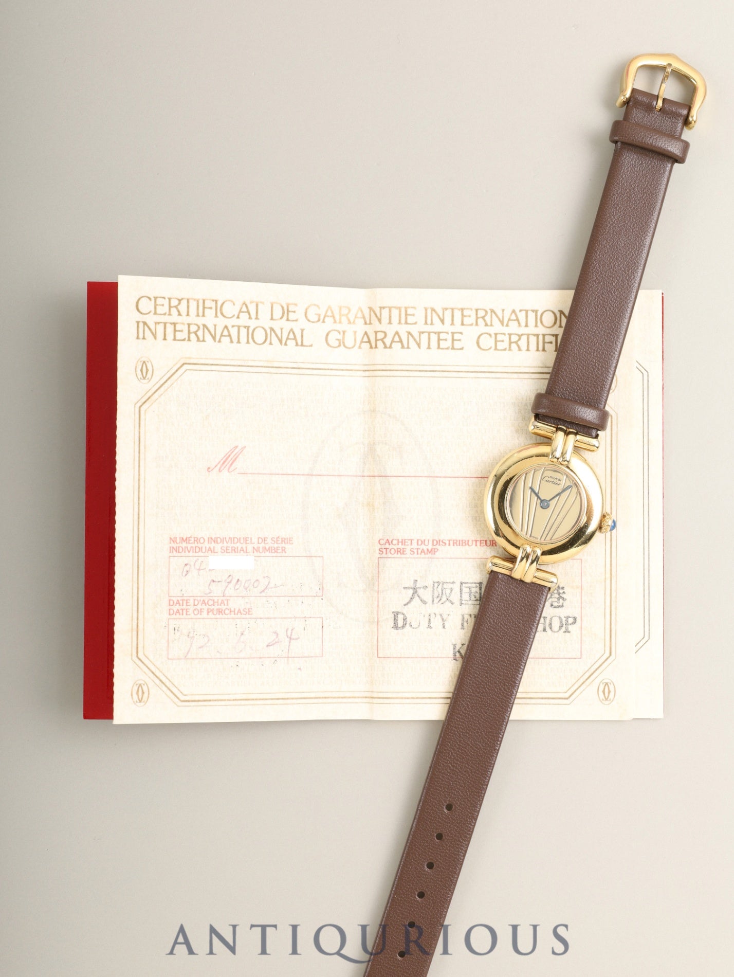カルティエ マストコリゼ 590002 クォーツ Cal.90 SV925 革 純正尾錠(GP)ゴールド文字盤 保証書(1992年)オーバーホール済み