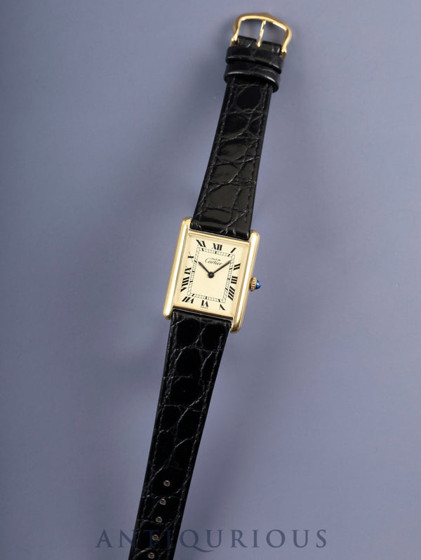 Cartier Must Tank LM, manual winding, Cal. 78-1, SV925, leather, genuine buckle (GP), ivory Roman dial, circa 1976-1981, overhauled and refinished to new condition.