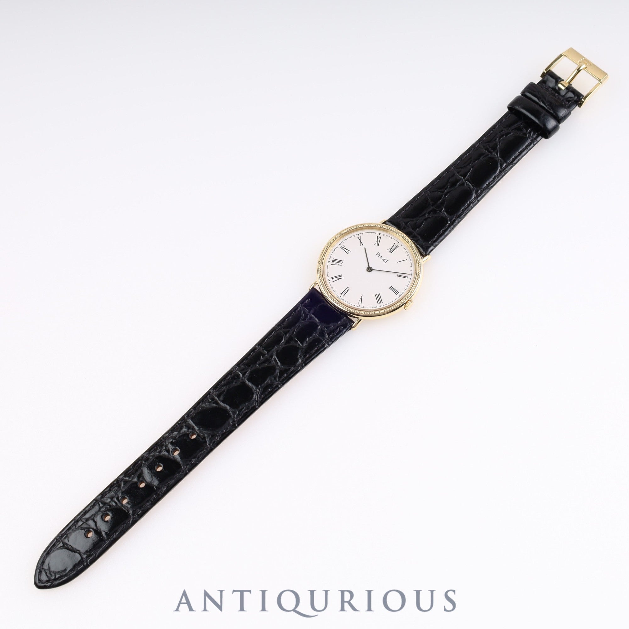 Piaget Round 90239 Manual winding Cal.9P2 YG Leather Genuine buckle (750) White dial Box Warranty (1989)