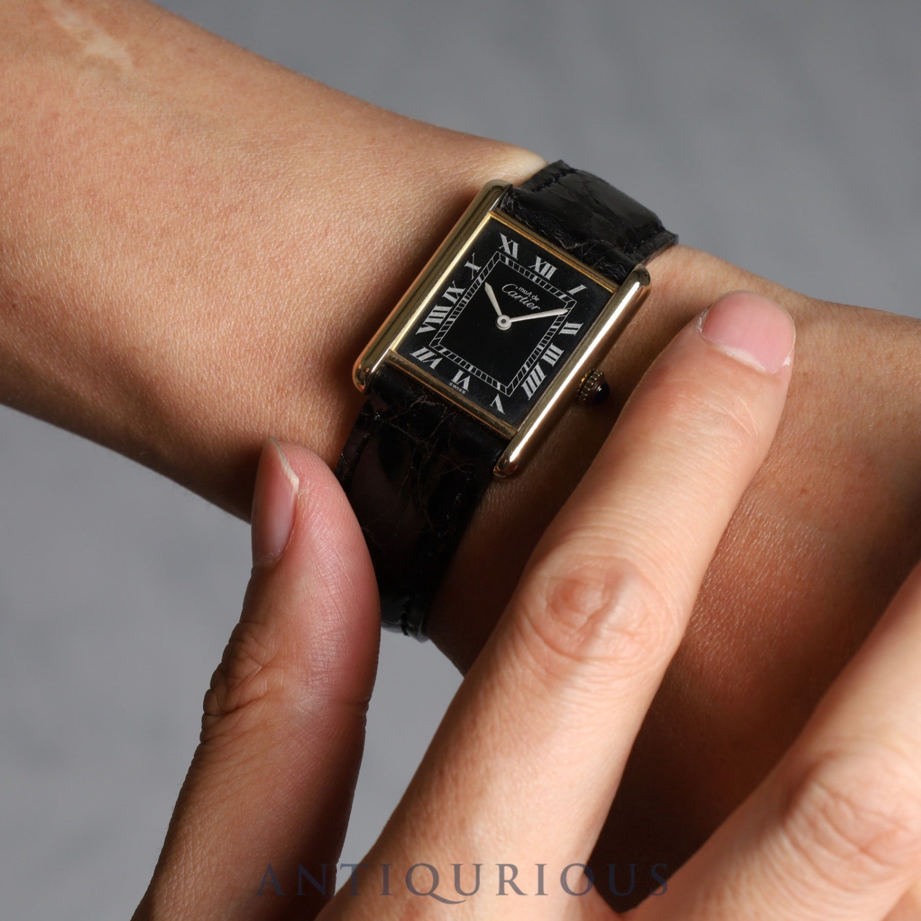Cartier Must Tank LM Manual Winding Cal.78-1 SV925 Leather Genuine Buckle (GP) Black Roman Dial