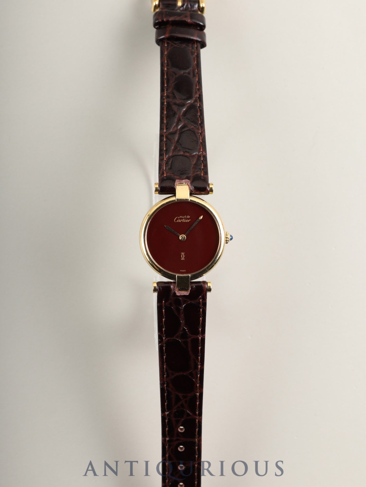 カルティエ マスト ヴァンドーム VLC SM 18 クォーツ Cal.81 SV925 革 純正尾錠(GP) ガーネットダイアル ボルドー文字盤 箱 冊子 保証書(1987年)オーバーホール済み