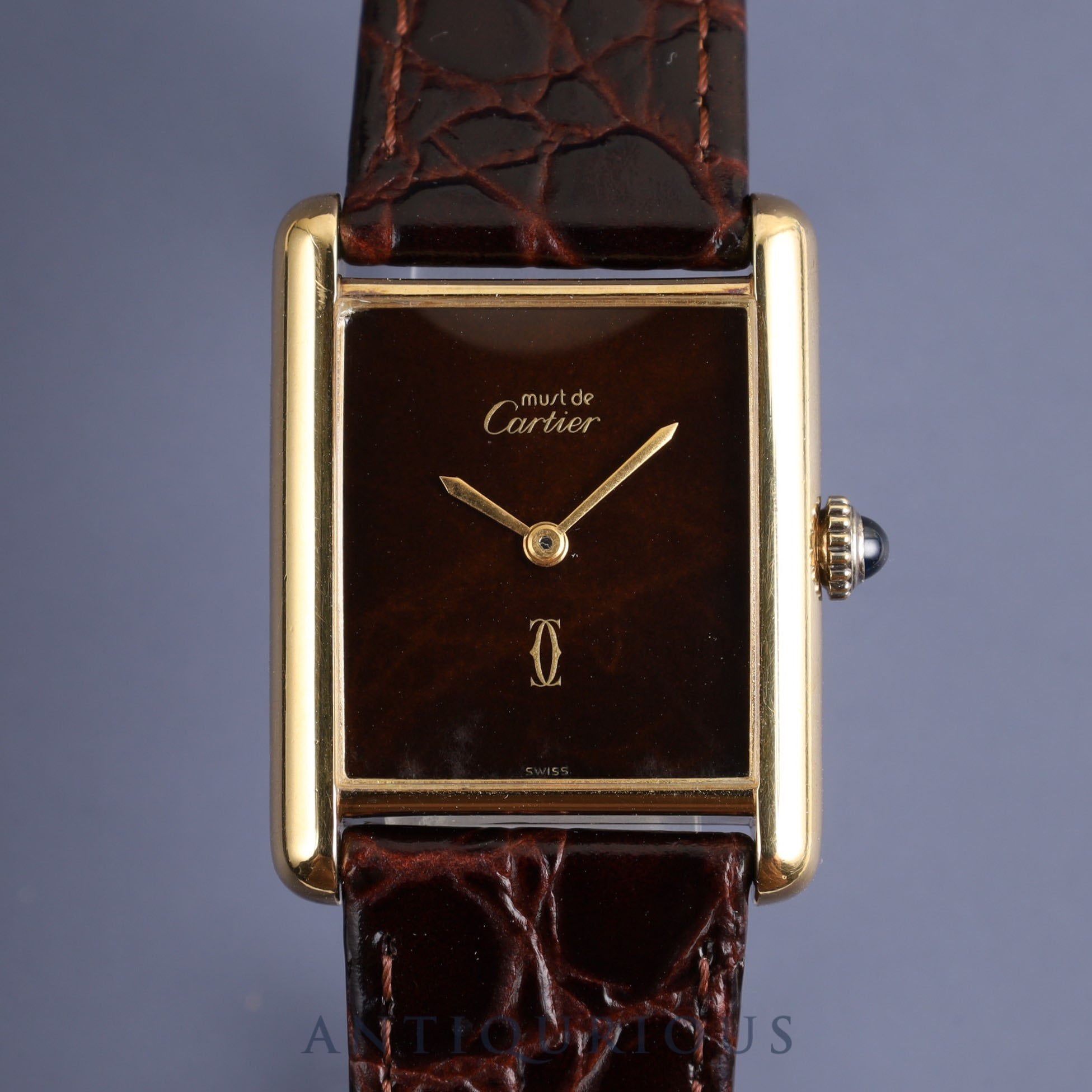 カルティエ マストタンク LM 手巻き Cal.78-1 SV925 革 純正尾錠(GP)マホガニー文字盤 オーバーホール済み