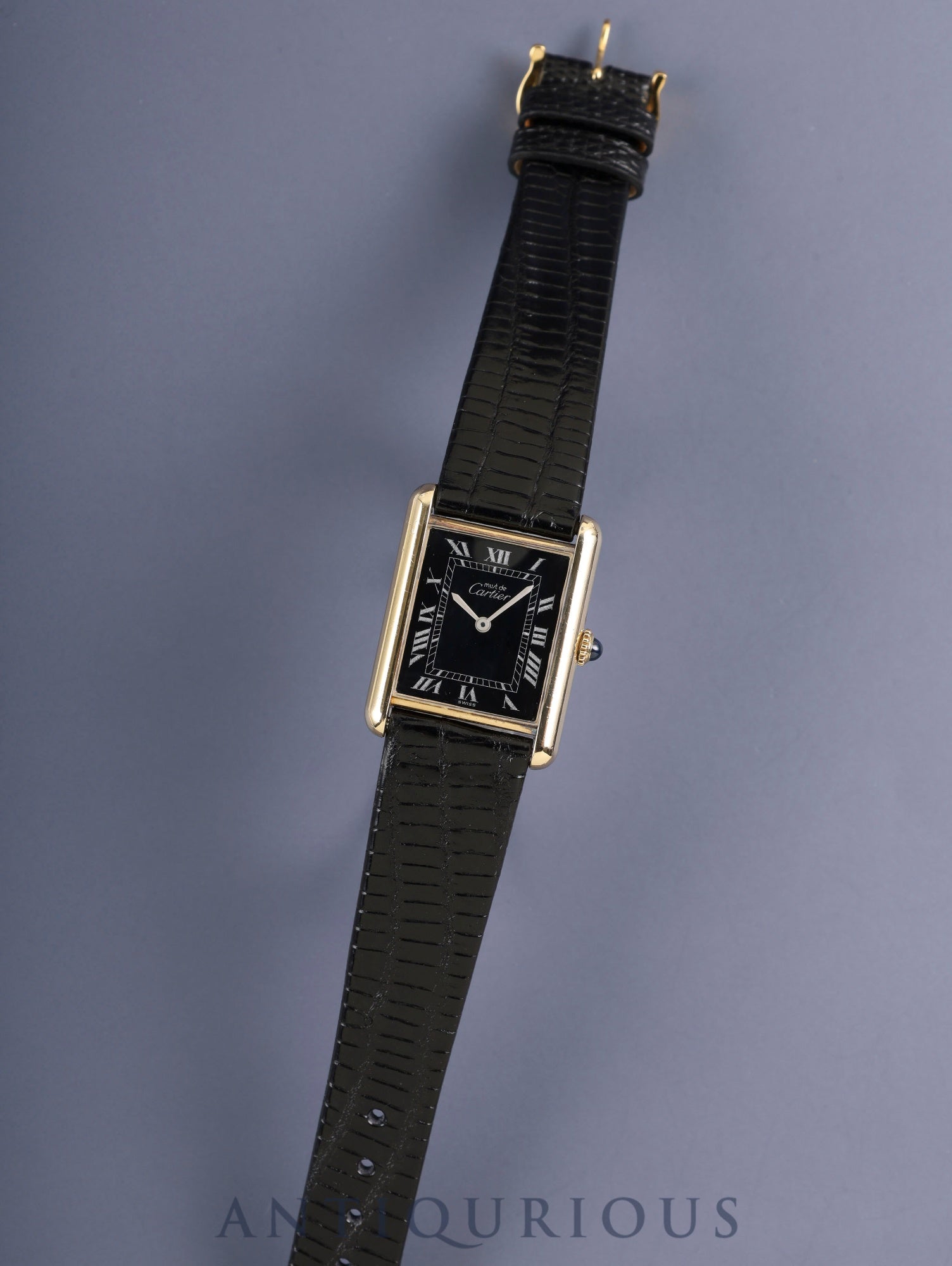 Cartier Must Tank LM Manual Winding Caliber 78-1 SV925 Leather Watch with Genuine Pin Buckle (GP) Black Roman Dial (SWISS Marking) Overhauled
