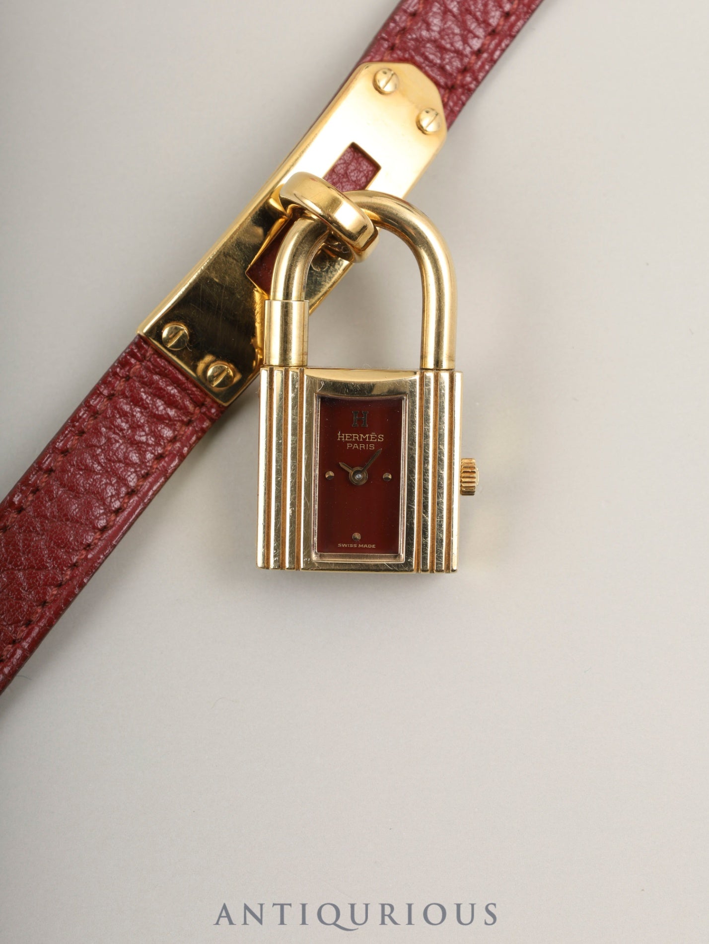 エルメス ケリーウォッチ 39.01 クォーツ GP 純正革ベルト(○U刻:1991年)社外尾錠(GP) ボルドー文字盤 箱 冊子 保証書(1993年)オーバーホール済み