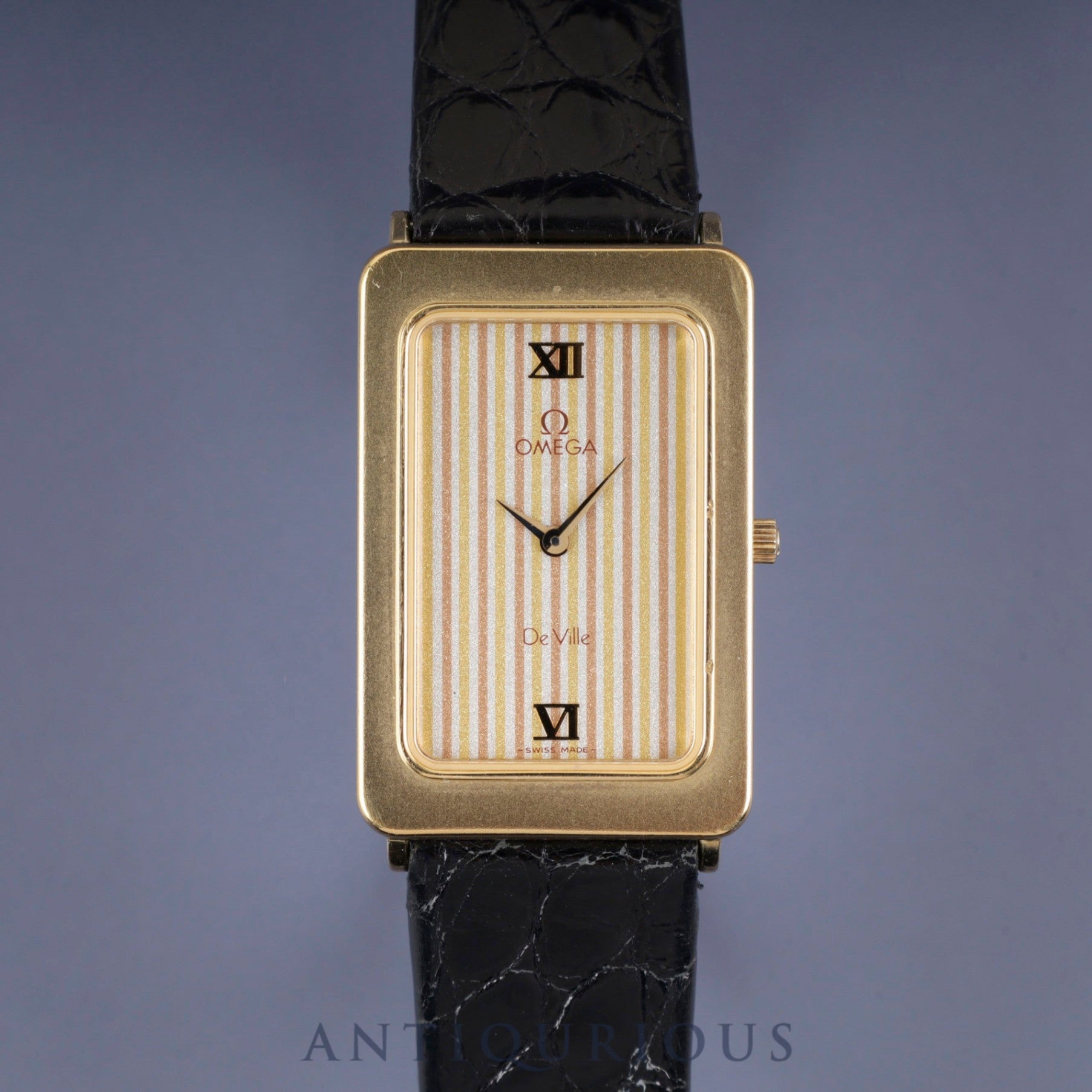 オメガ デ・ヴィル 195.0051 クォーツ Cal.1455 GP 革 社外尾錠(GP)ゴールドストライプ文字盤 オーバーホール済み