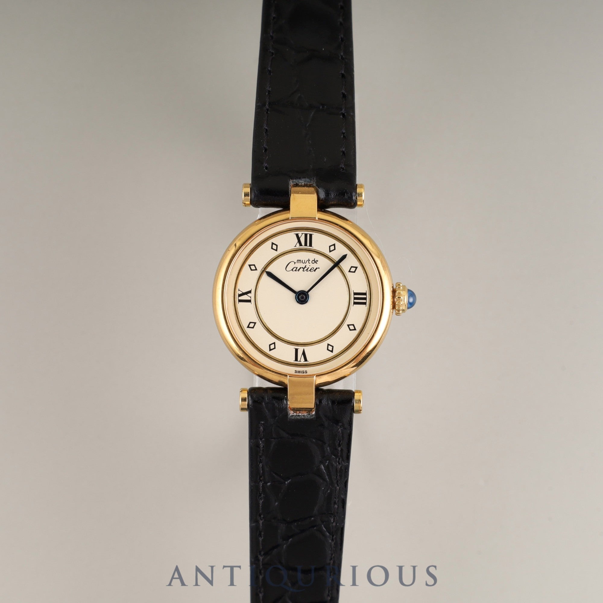 Cartier Must Vendôme VLC SM 590004 Quartz Caliber 90 SV925 Leather Strap with Genuine GP Buckle, Ivory 4-Point Roman Dial, Overhauled