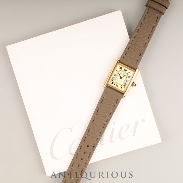 Cartier Must Tank MM 2415 Quartz Caliber - SV925 Leather Strap with Genuine GP Buckle, Ivory Roman Dial, Booklet, Overhauled