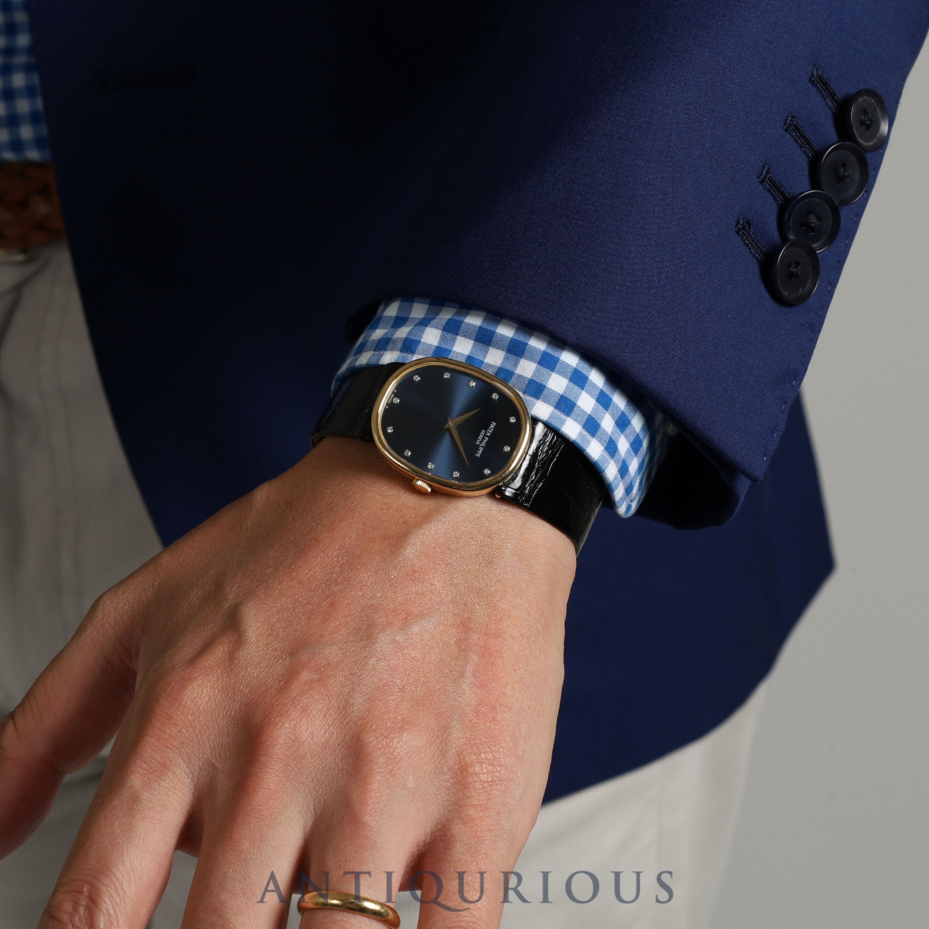 パテック・フィリップ ゴールデンエリプス 3848J-062 手巻き Cal.215 750YG 純正革ベルト 純正尾錠(750)ダイヤ12Pブルー文字盤 箱 アーカイブ(1991年)