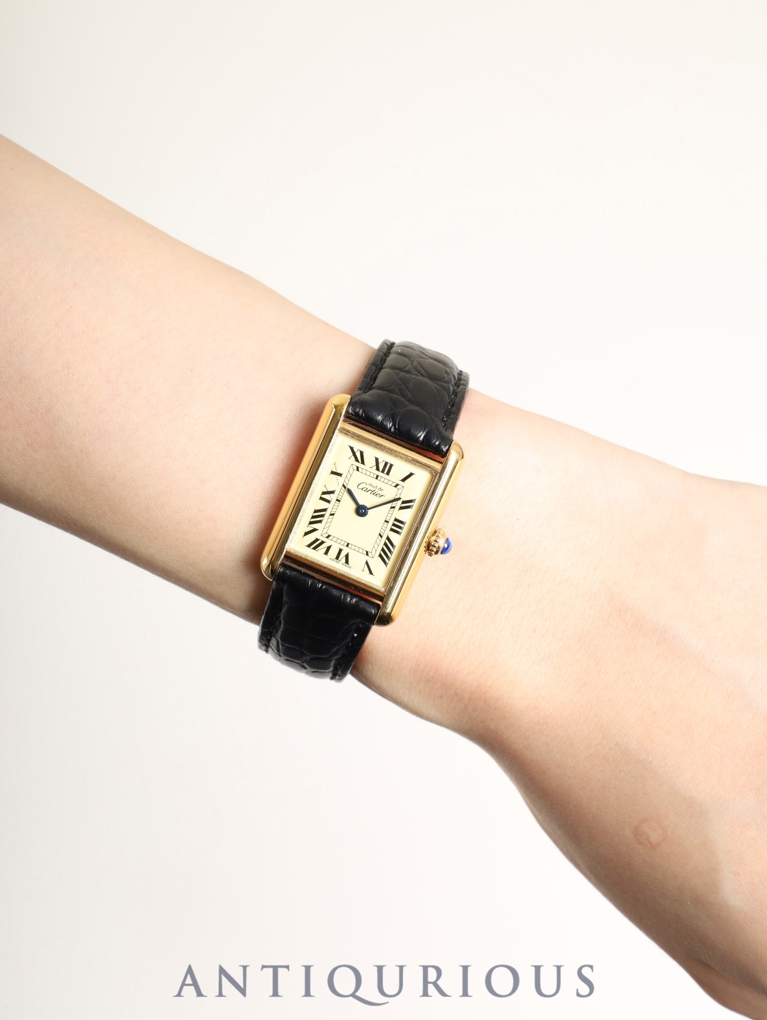 Cartier Must Tank MM 2415 Quartz Caliber 057 SV925 Leather Watch with Genuine D-buckle (GP) Ivory Roman Dial (SWISS MADE Marking) Circa 1990-2004 Box Warranty Card Overhauled