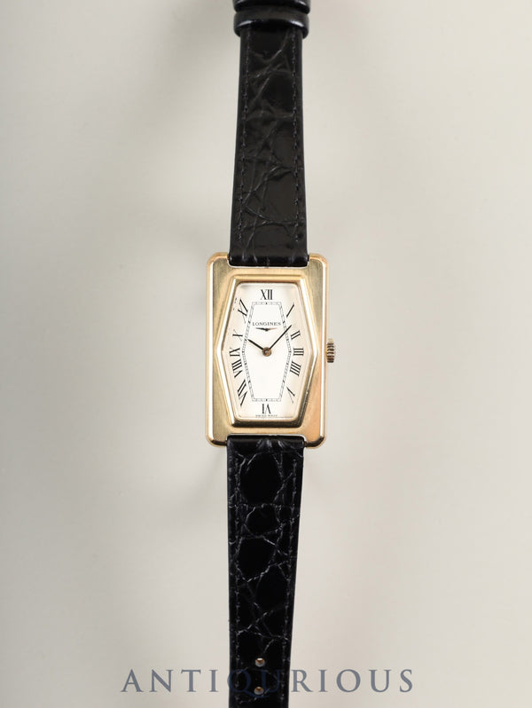 Longines Rectangular Quartz Caliber 5602 Stainless Steel/GP Leather Watch with Aftermarket Buckle (GP) White Dial Overhauled