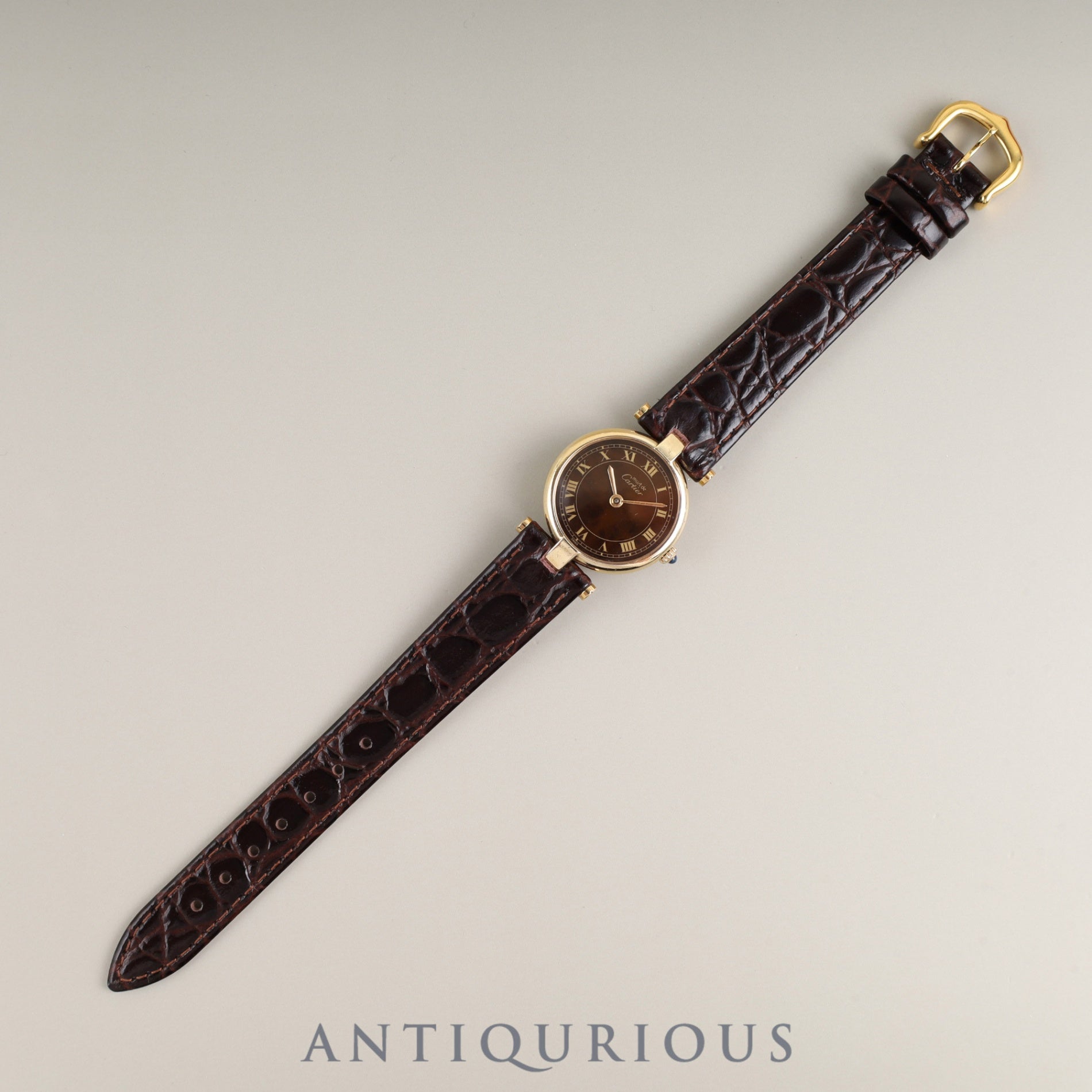 Cartier Must Vendôme VLC SM 18 Quartz Cal.81 SV925 Leather Strap with Genuine GP Buckle, Mahogany Roman Dial, Box, Overhauled