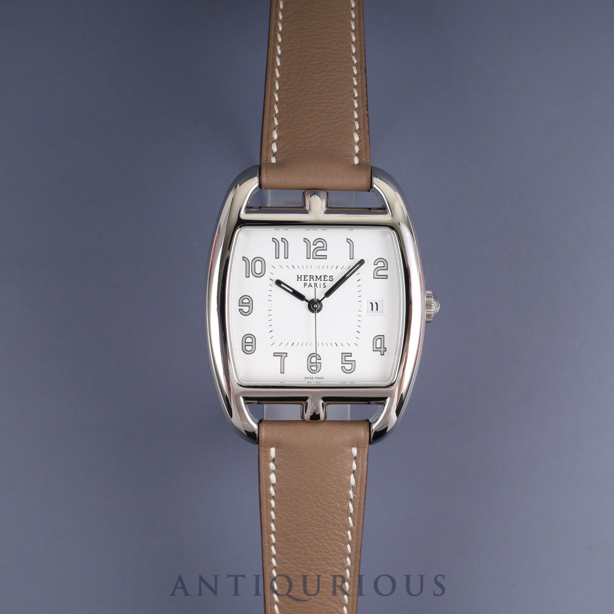 Hermès Cape Cod Tonneau CT1.710 Quartz Movement, Stainless Steel, Genuine Leather Strap (Stamped N: 2010), Genuine Buckle (SS), White Dial, Box, Warranty Card (2010), Overhauled