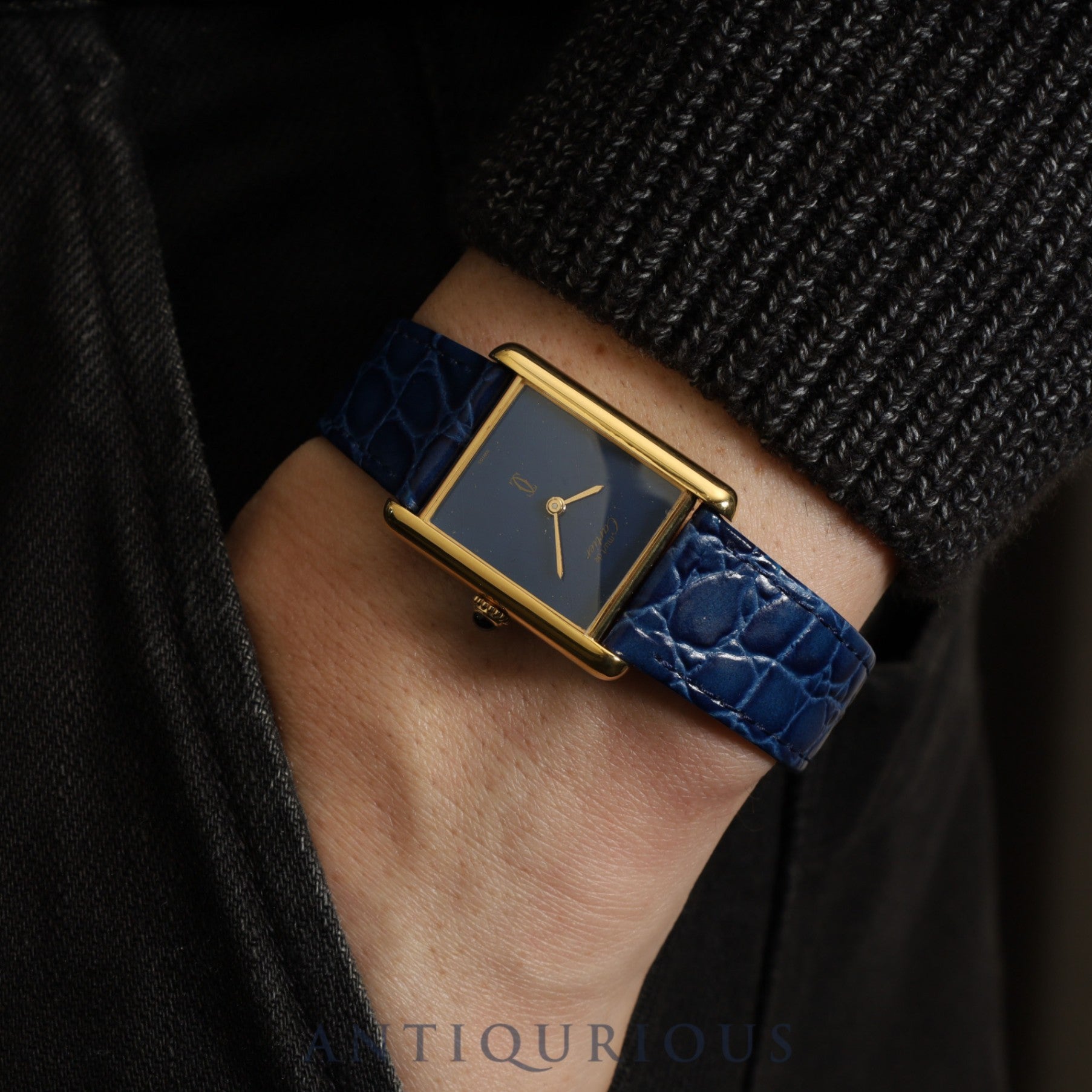 Cartier Must Tank LM Manual Winding Caliber 78-1 SV925 Leather Strap with Genuine GP Buckle, Lapis Lazuli Dial, Circa 1976-1981, Overhauled and Finished to Like New