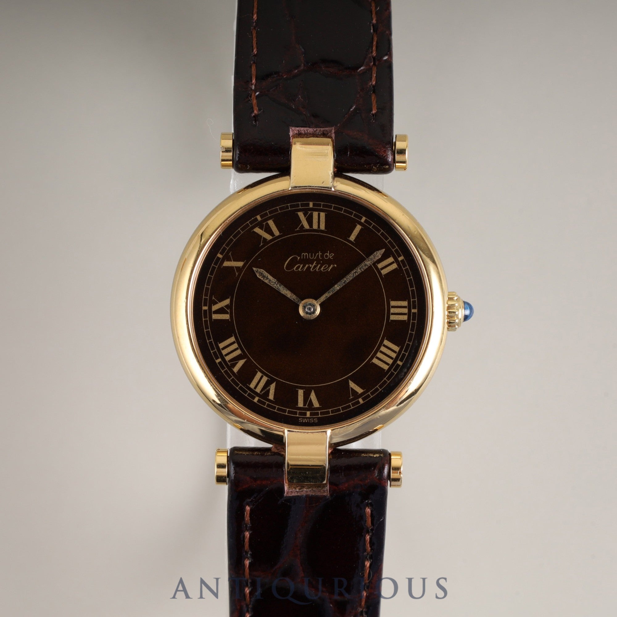 カルティエ マスト ヴァンドーム VLC SM クォーツ Cal.81 SV925 革 純正尾錠(GP) マホガニー文字盤(クラック) オーバーホール済み