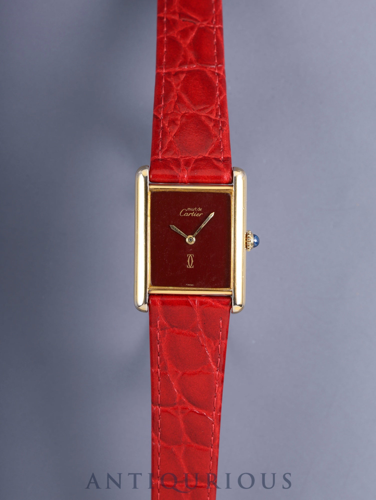 Cartier Must Tank LM, manual winding, Cal. 78-1, SV925, leather strap, original pin buckle (GP), garnet dial, Bordeaux dial (SWISS marking), recently overhauled.