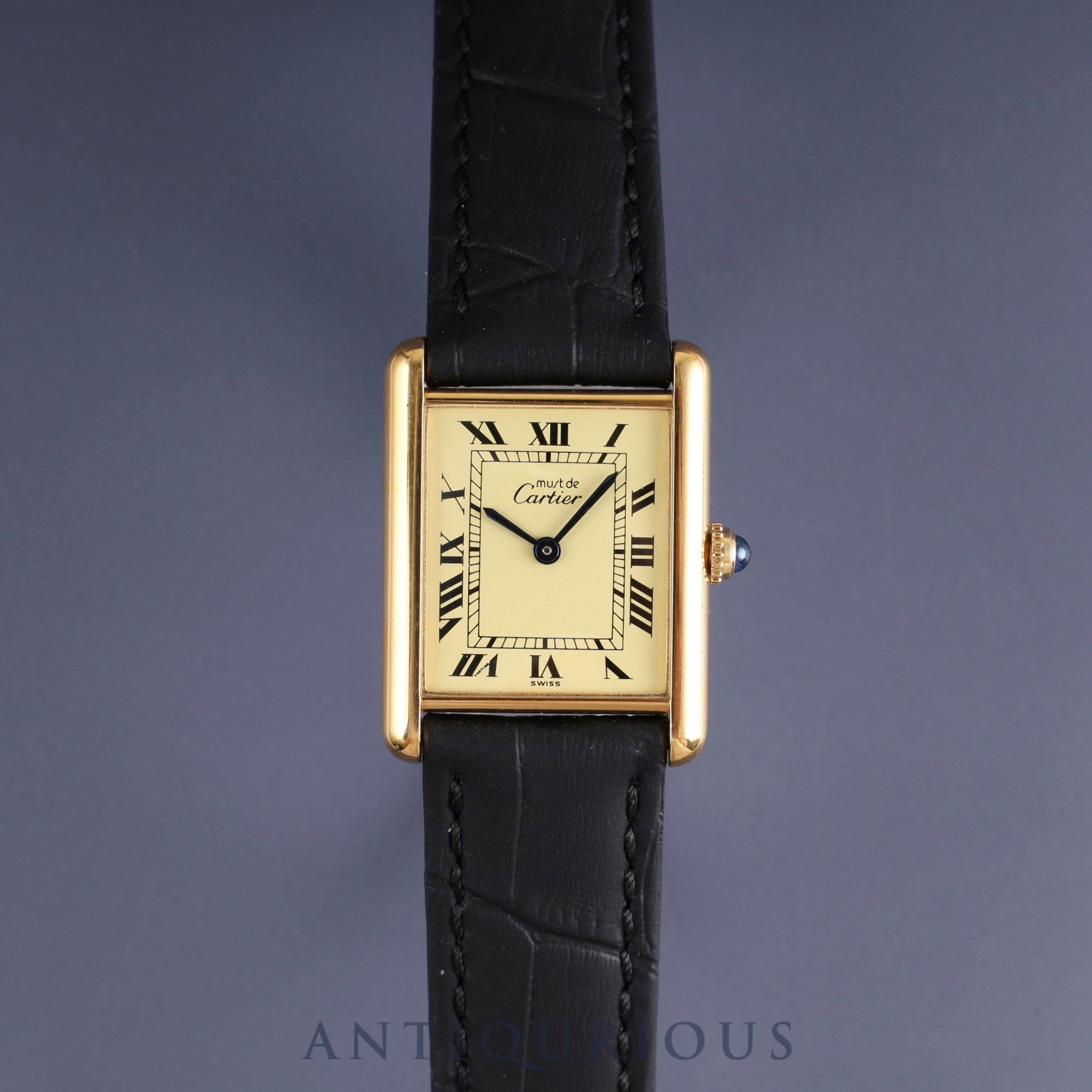 Cartier Must Tank LM 590005 Quartz SV925 Leather Genuine Buckle (GP) Ivory Roman Dial Overhauled