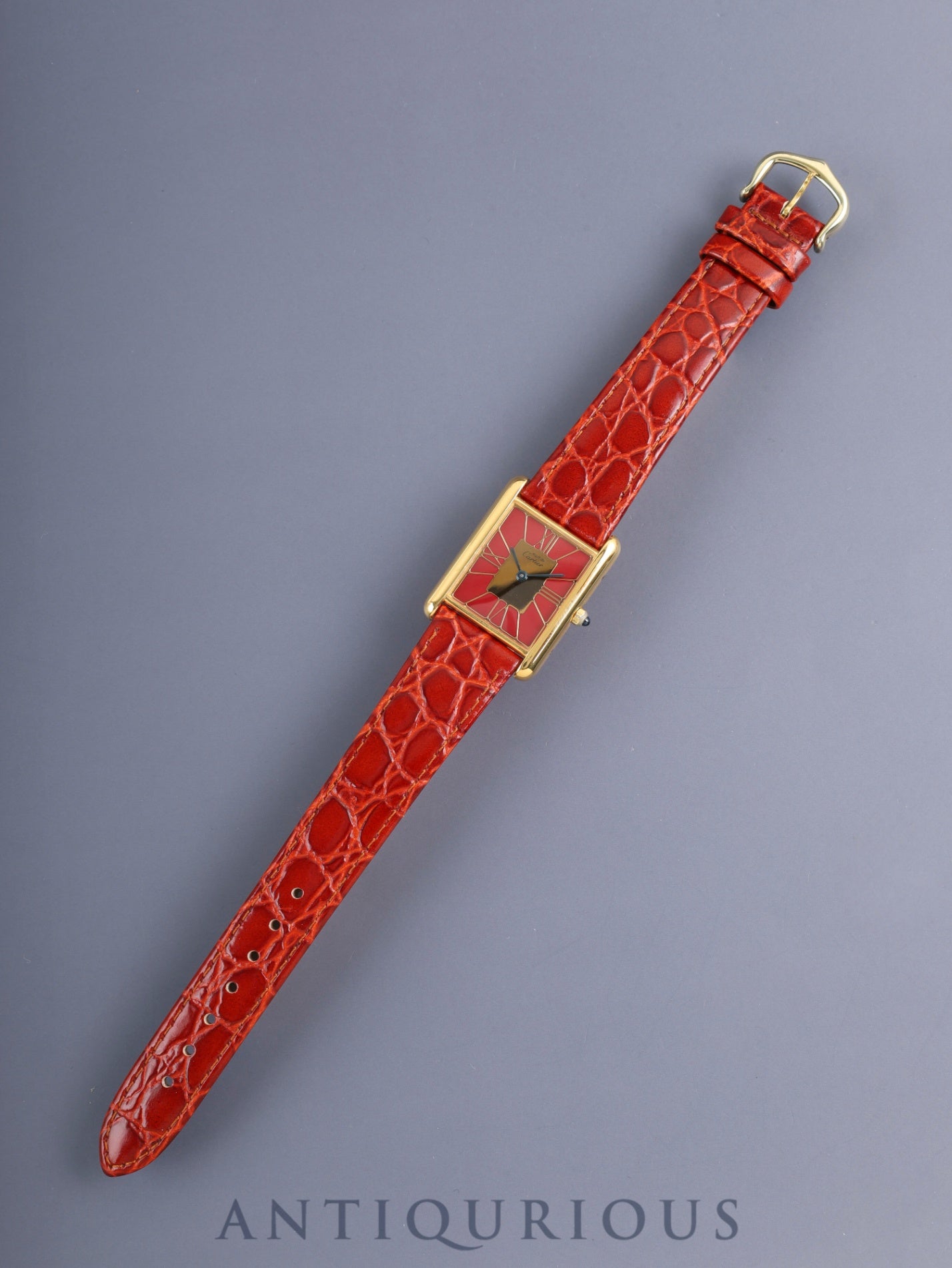 Cartier Must Tank LM 3919423 / 6 81006 Quartz Cal.81 SV925 Leather Genuine Pin Buckle (GP) Garnet Cloisonné Dial (SWISS) Warranty (1989) Booklet Overhauled Polished