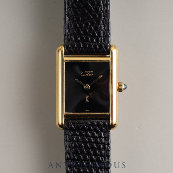 Cartier Must Tank SM QZ 3 66001 SV925 Leather Genuine Buckle (GP) Onyx Dial