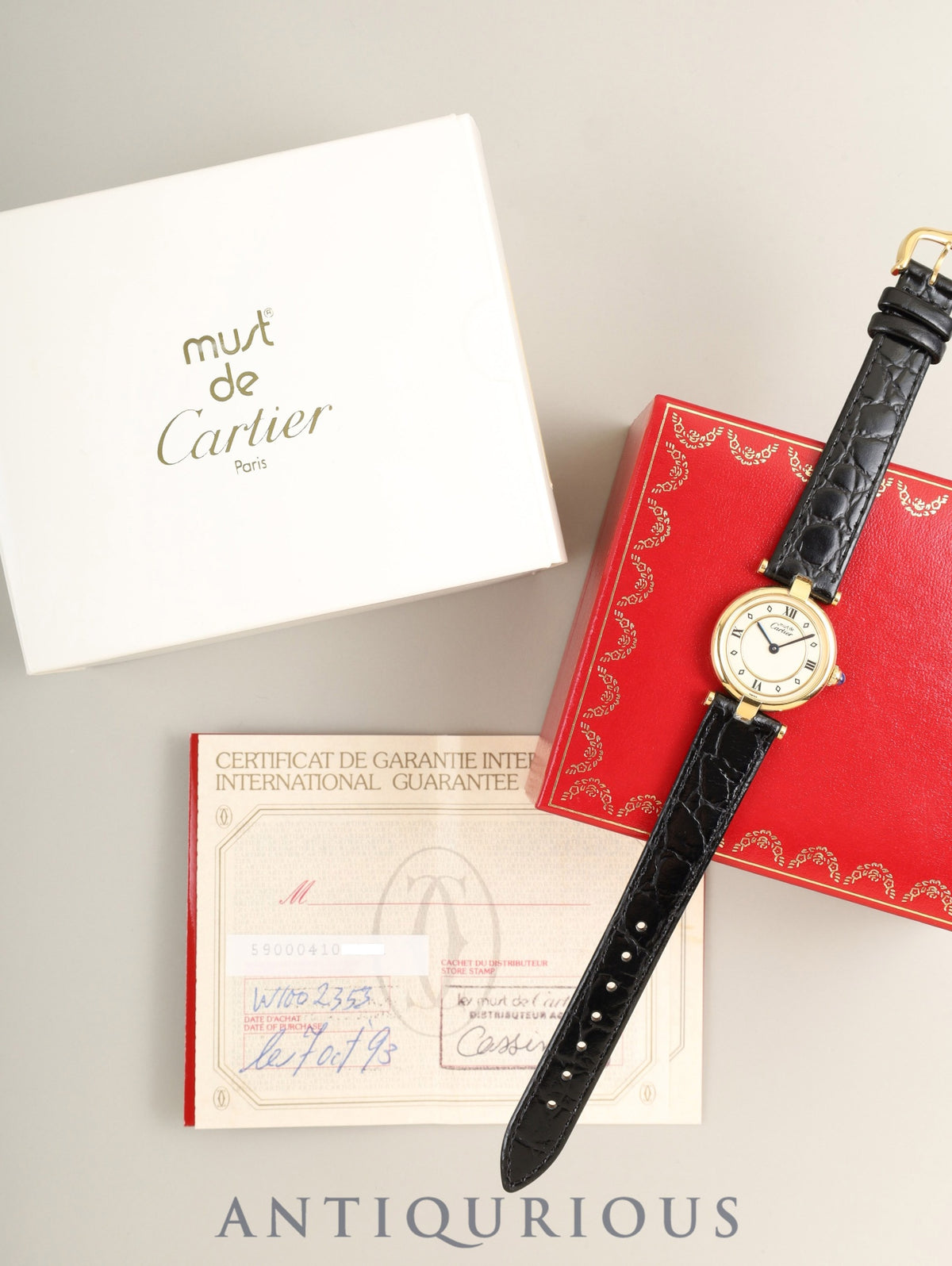 Cartier Must Vendôme VLC SM 590004 Quartz Caliber 690 SV925 Leather Strap with Genuine GP Buckle Ivory 4-Piece Roman Dial Box Booklet Warranty (1993) Overhauled