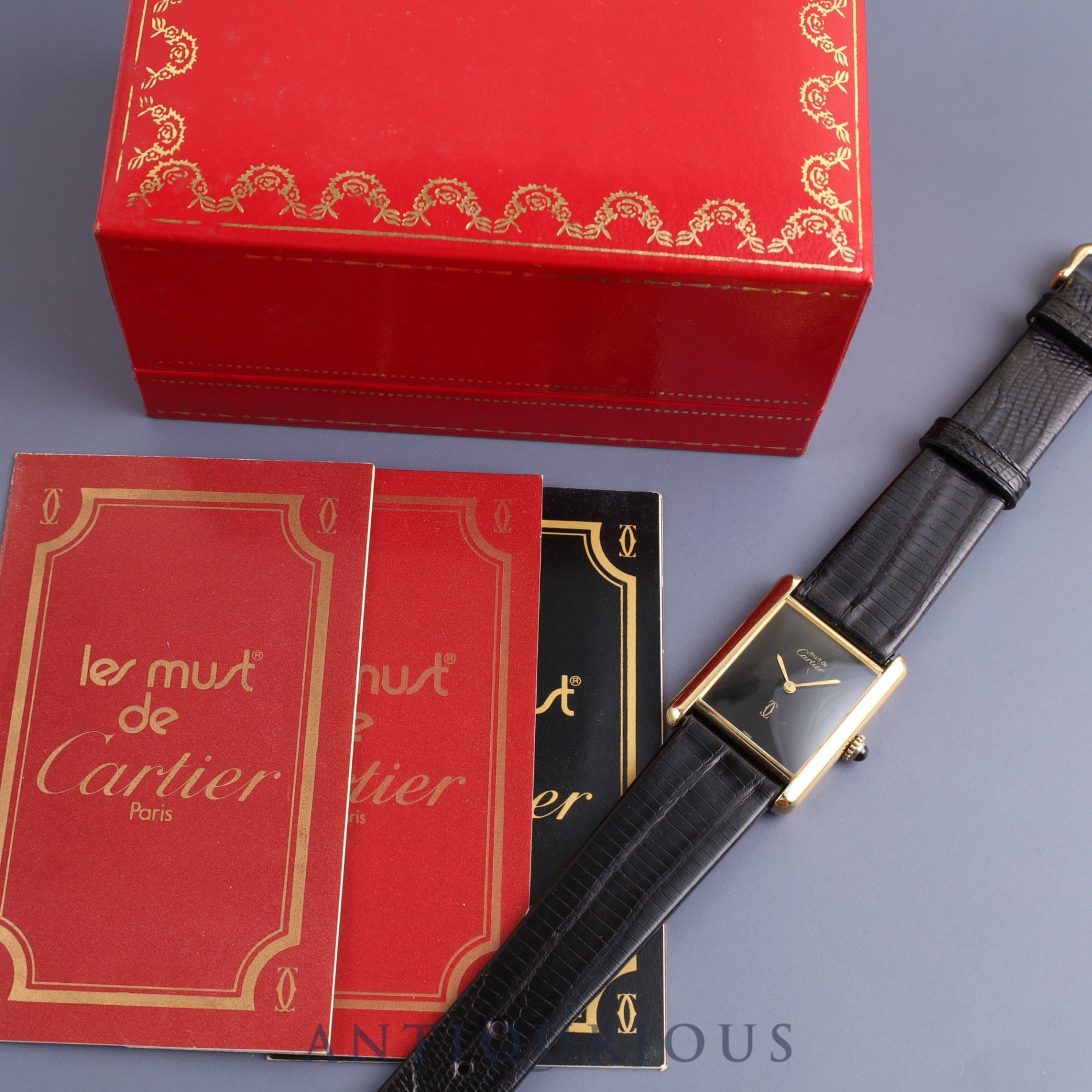 カルティエ マストタンク LM 手巻き Cal.78-1 SV925 革 純正尾錠(GP)ブラックオニキス文字盤 箱 オーバーホール済み